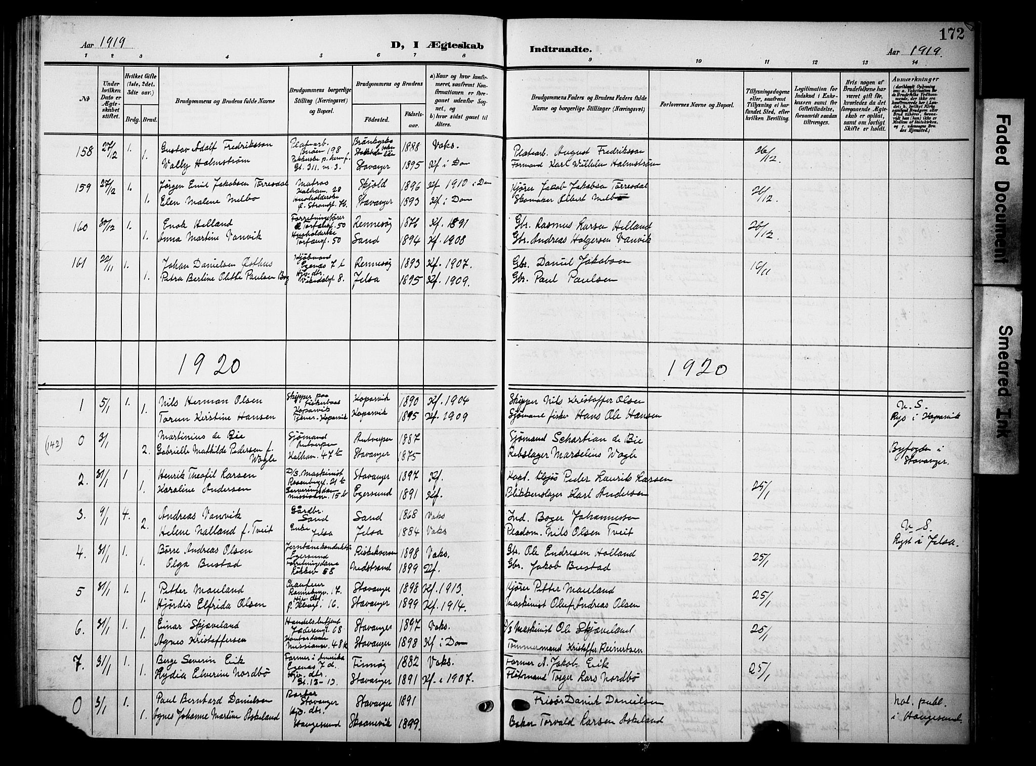 Domkirken sokneprestkontor, AV/SAST-A-101812/001/30/30BB/L0017: Parish register (copy) no. B 17, 1902-1921, p. 172