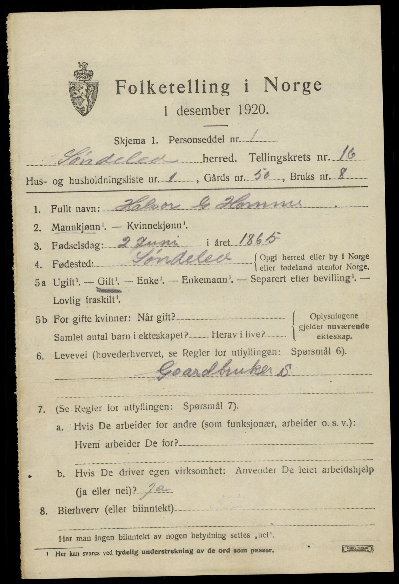 SAK, 1920 census for Søndeled, 1920, p. 7095