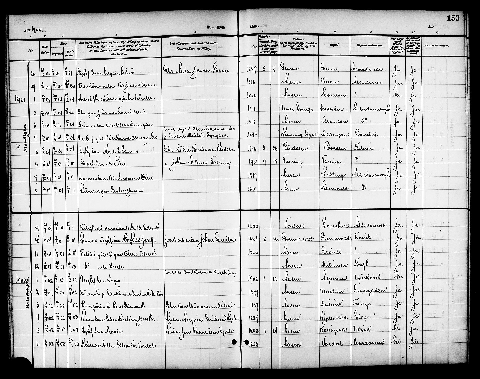 Ministerialprotokoller, klokkerbøker og fødselsregistre - Nord-Trøndelag, SAT/A-1458/714/L0135: Parish register (copy) no. 714C04, 1899-1918, p. 153
