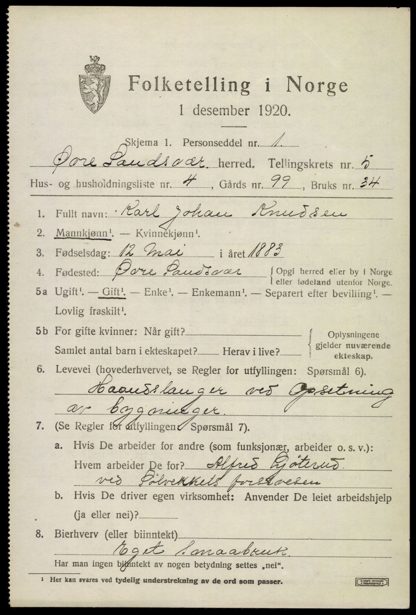 SAKO, 1920 census for Øvre Sandsvær, 1920, p. 2864