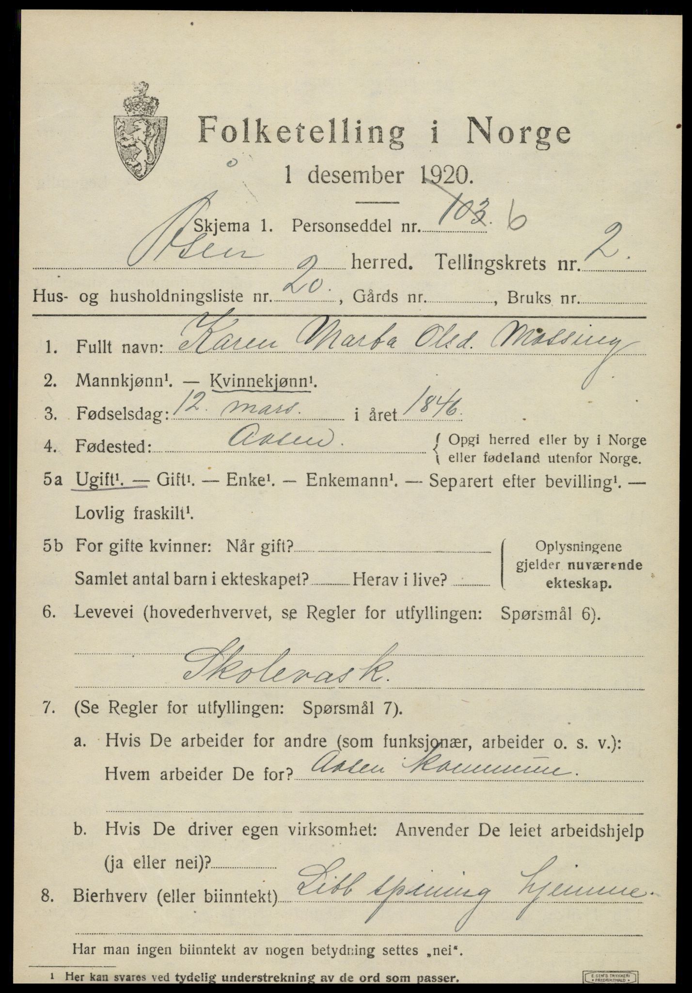 SAT, 1920 census for Åsen, 1920, p. 1912