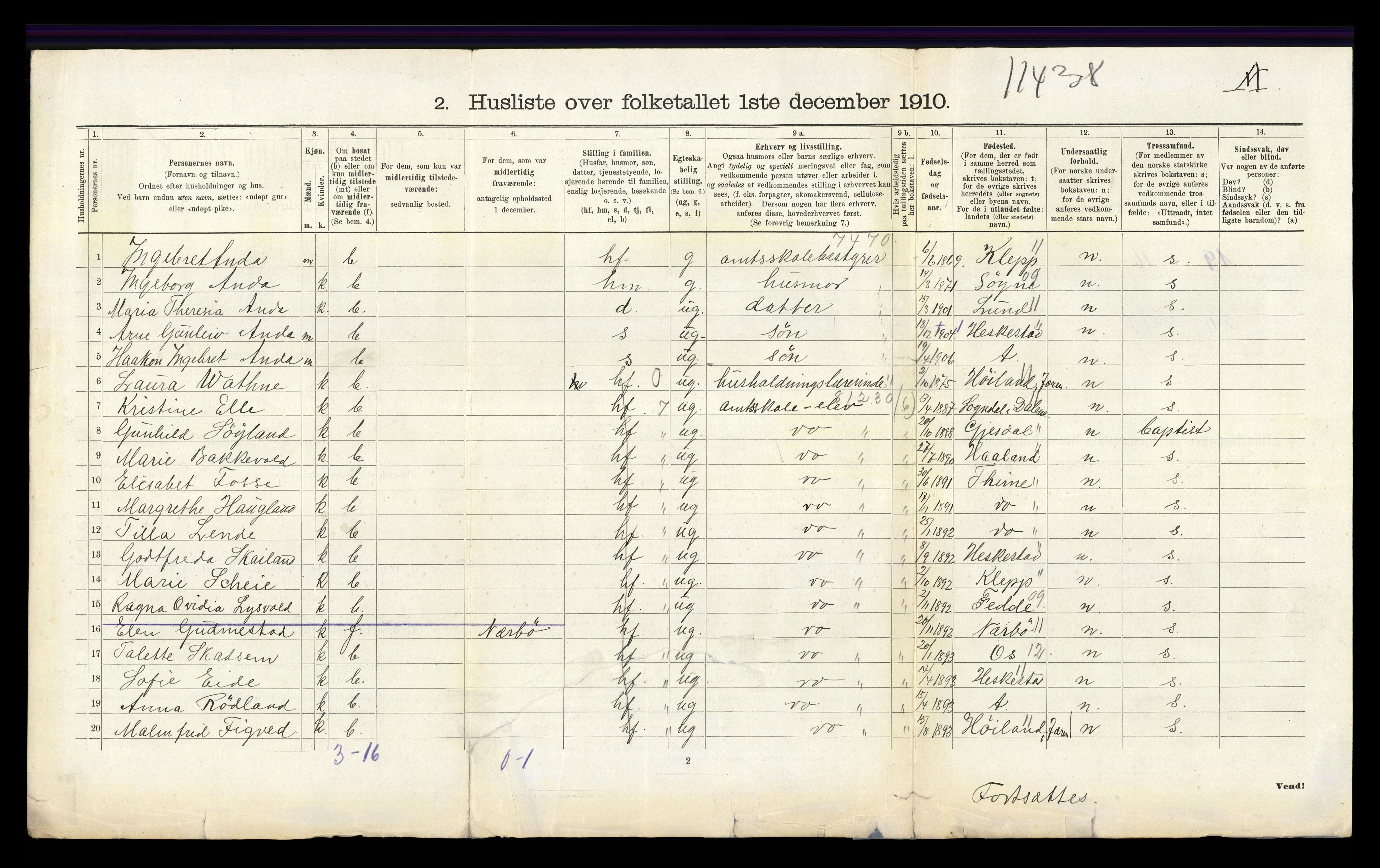 RA, 1910 census for Helleland, 1910, p. 262