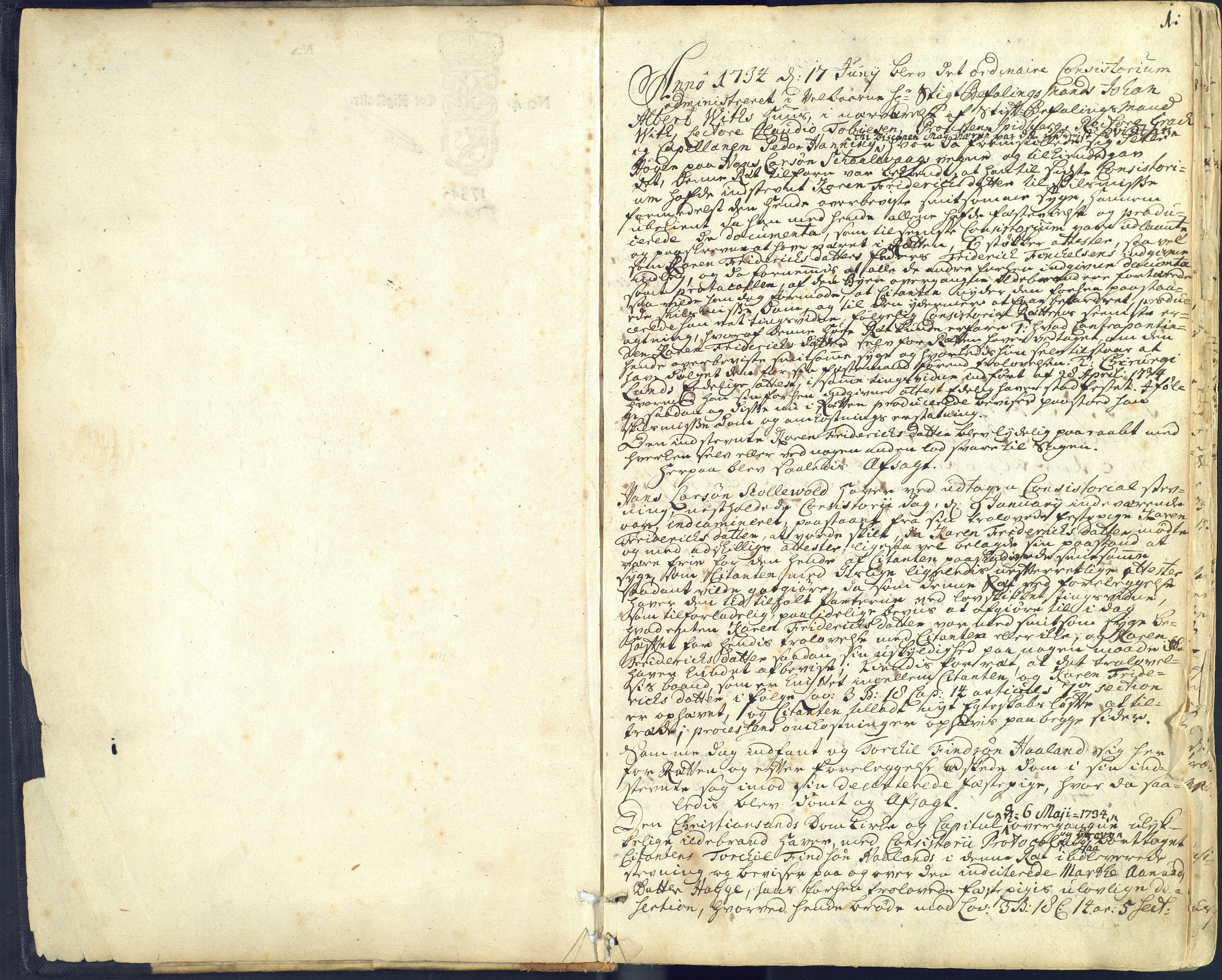 Biskopen i Kristiansand, SAK/1113-0001/F/Fa/L0005: Kapitelsbok. Forhandlingsprotokoll for Kristiansand domkapitels konsistorialrett, 1734-1856, p. 1a