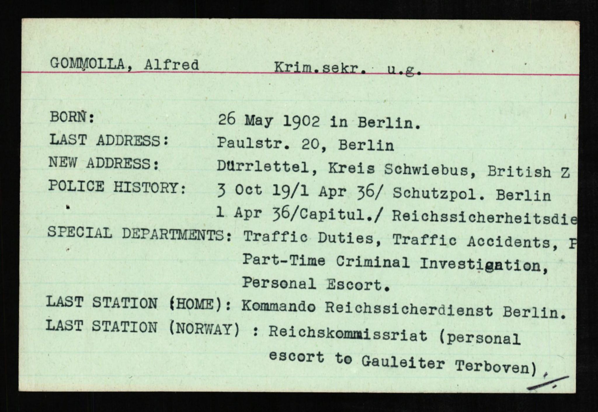 Forsvaret, Forsvarets overkommando II, AV/RA-RAFA-3915/D/Db/L0010: CI Questionaires. Tyske okkupasjonsstyrker i Norge. Tyskere., 1945-1946, p. 79