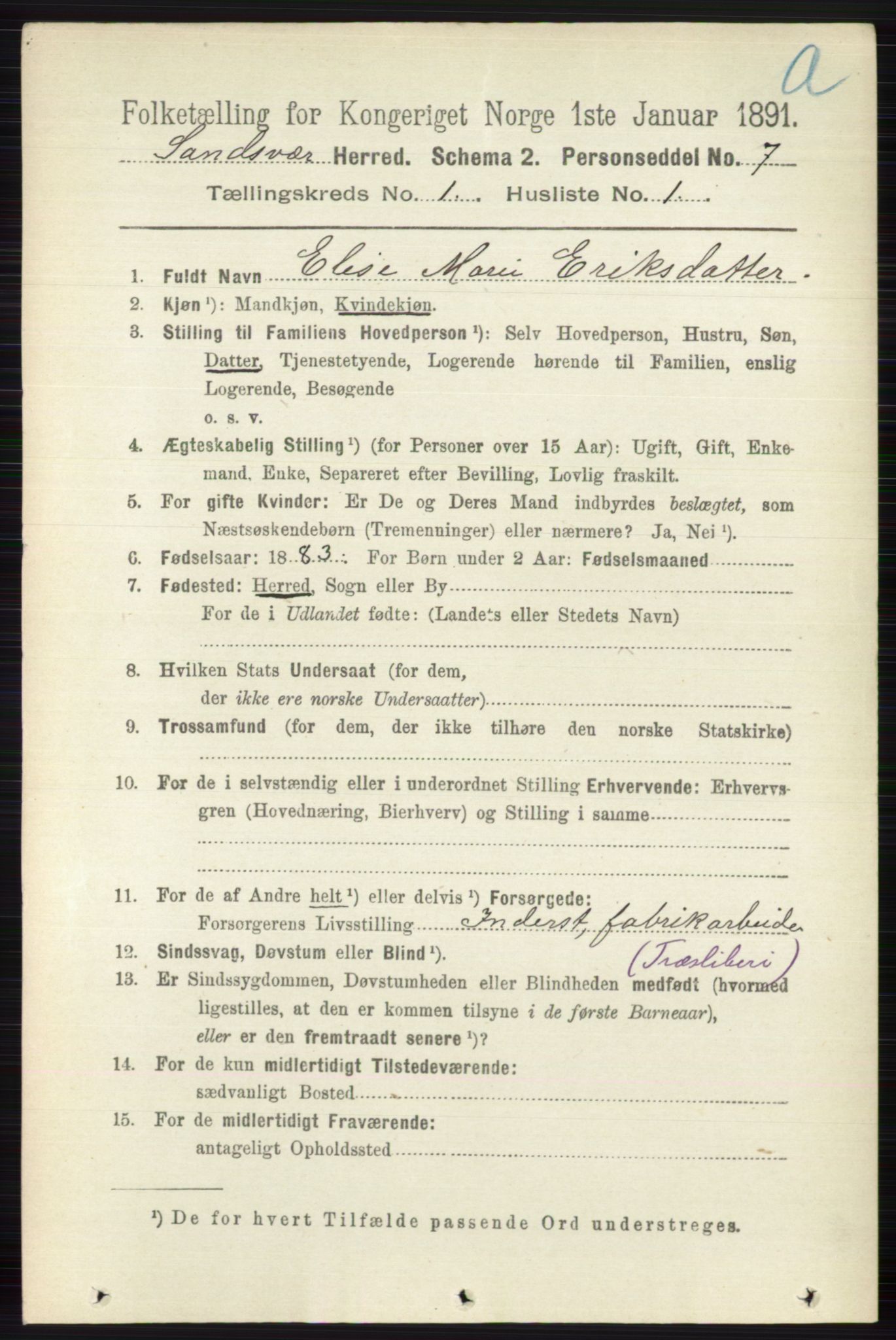 RA, 1891 census for 0629 Sandsvær, 1891, p. 123