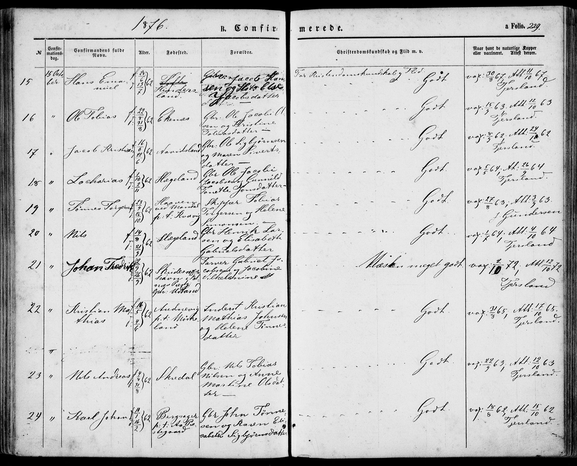 Lyngdal sokneprestkontor, AV/SAK-1111-0029/F/Fa/Fac/L0010: Parish register (official) no. A 10, 1865-1878, p. 229