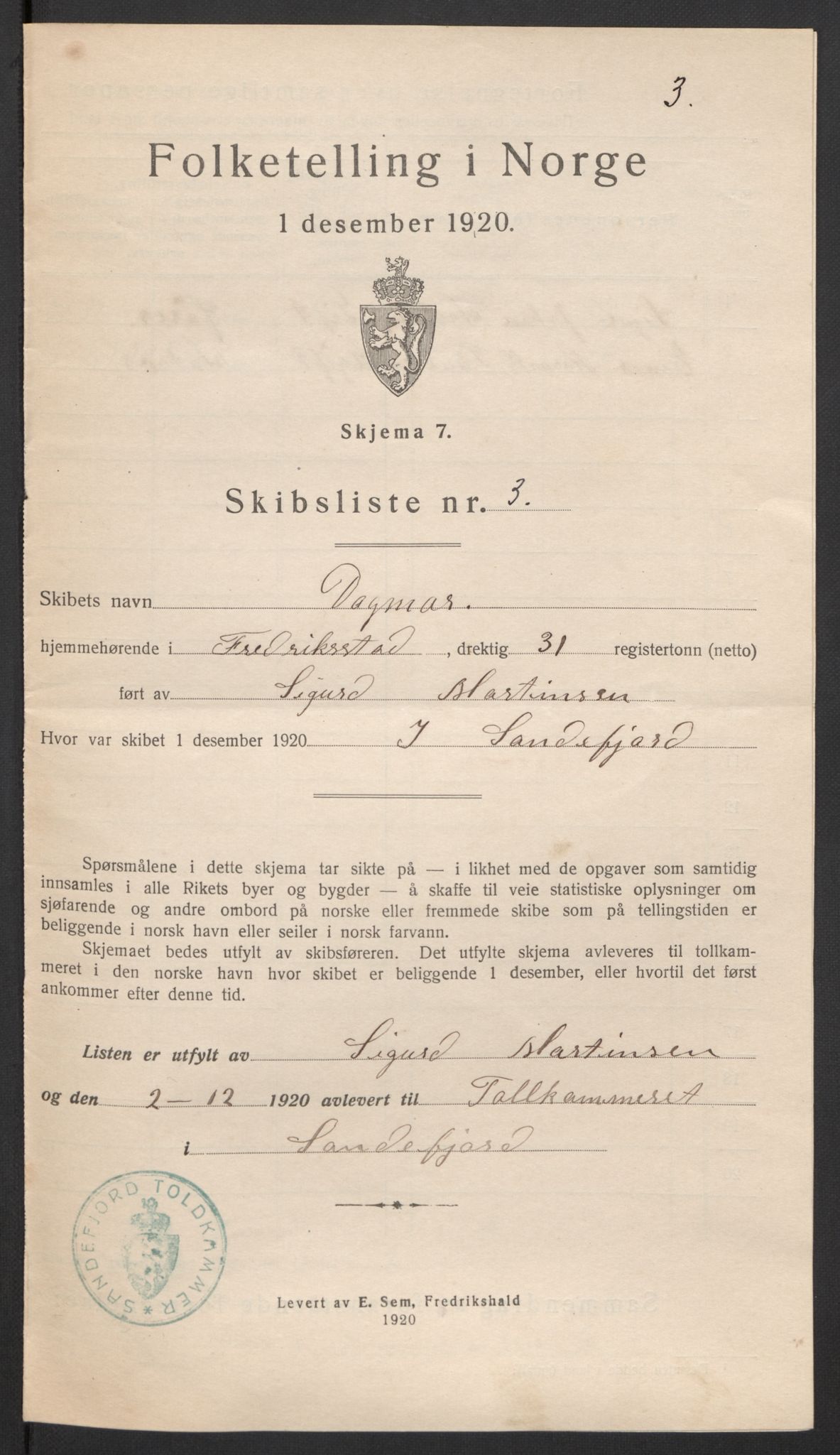 SAKO, 1920 census for Sandefjord, 1920, p. 15714