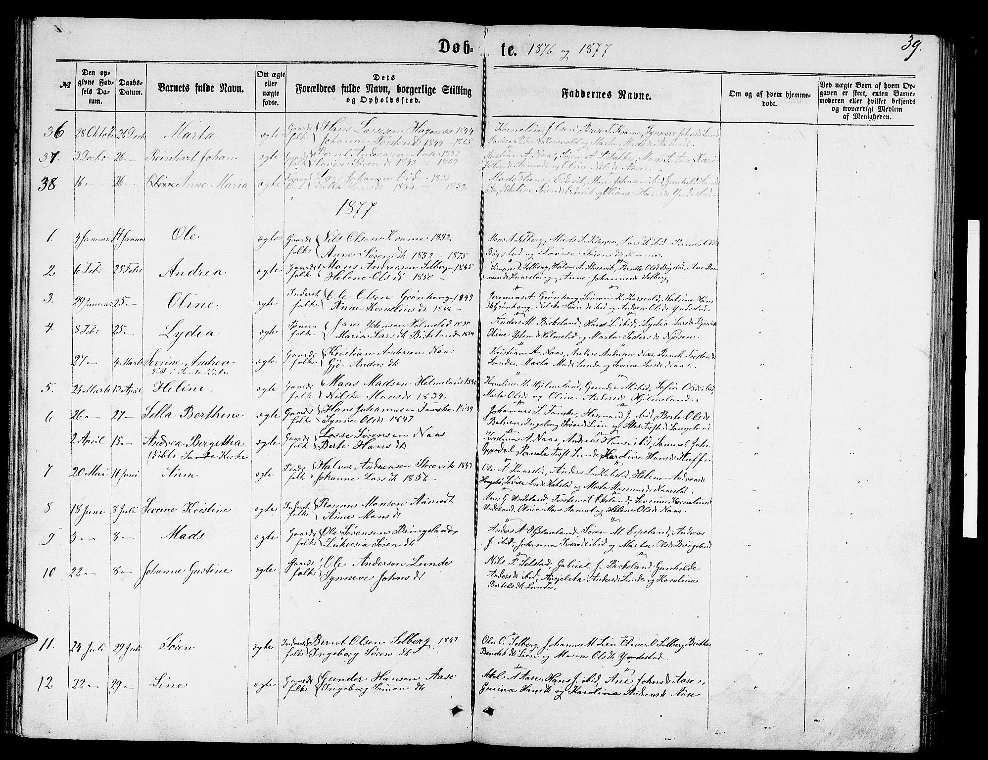 Gaular sokneprestembete, SAB/A-80001/H/Hab: Parish register (copy) no. B 2, 1863-1881, p. 39