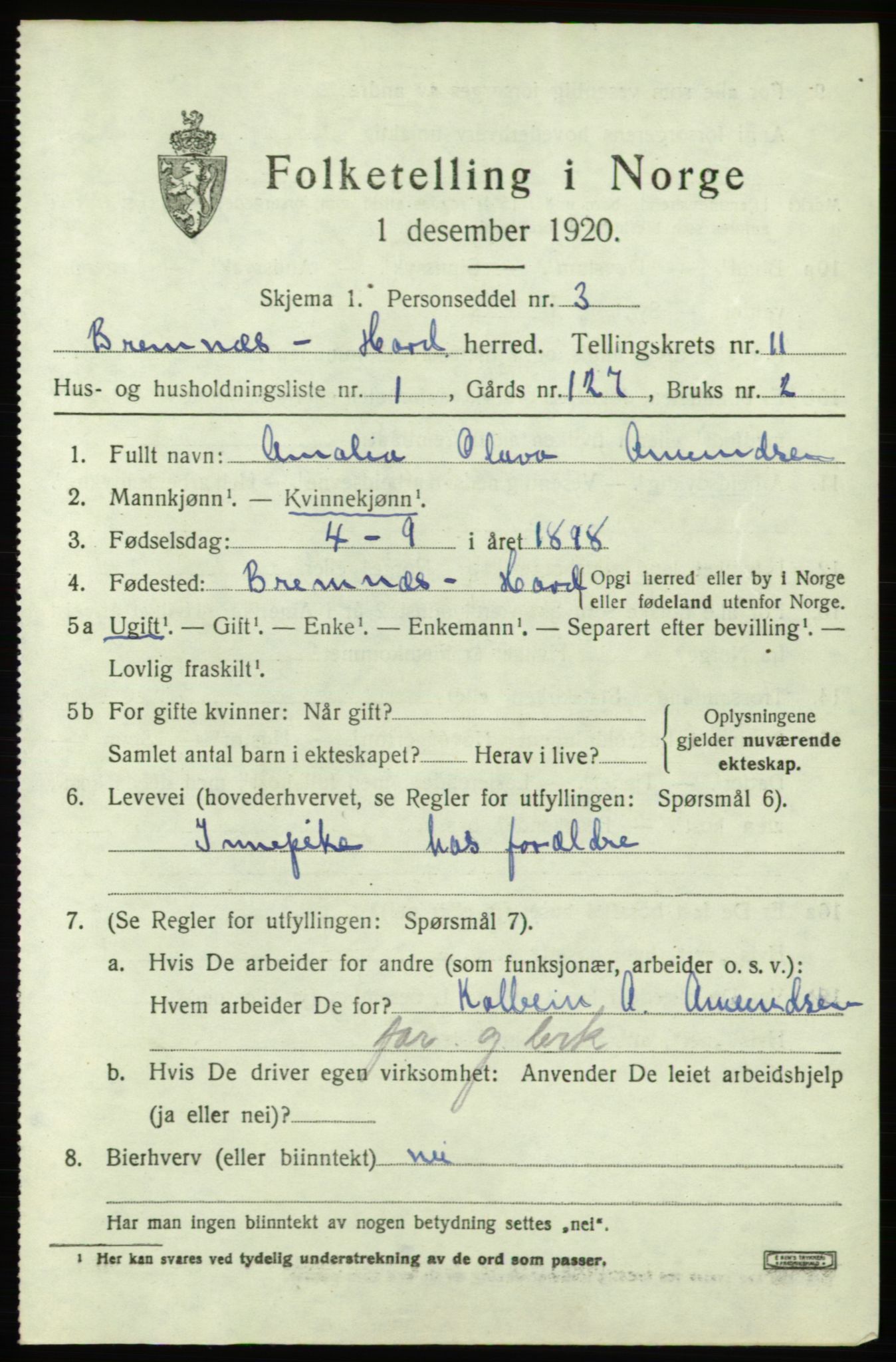 SAB, 1920 census for Bremnes, 1920, p. 6606