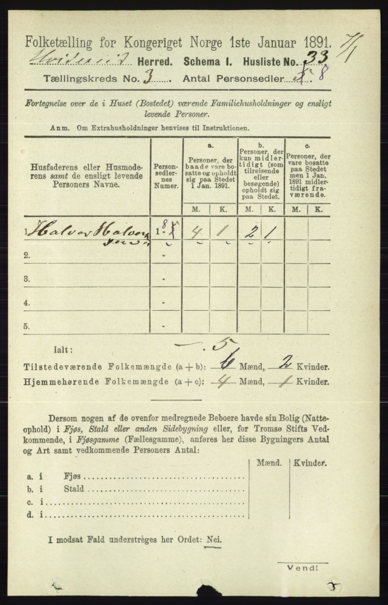 RA, 1891 census for 0829 Kviteseid, 1891, p. 496