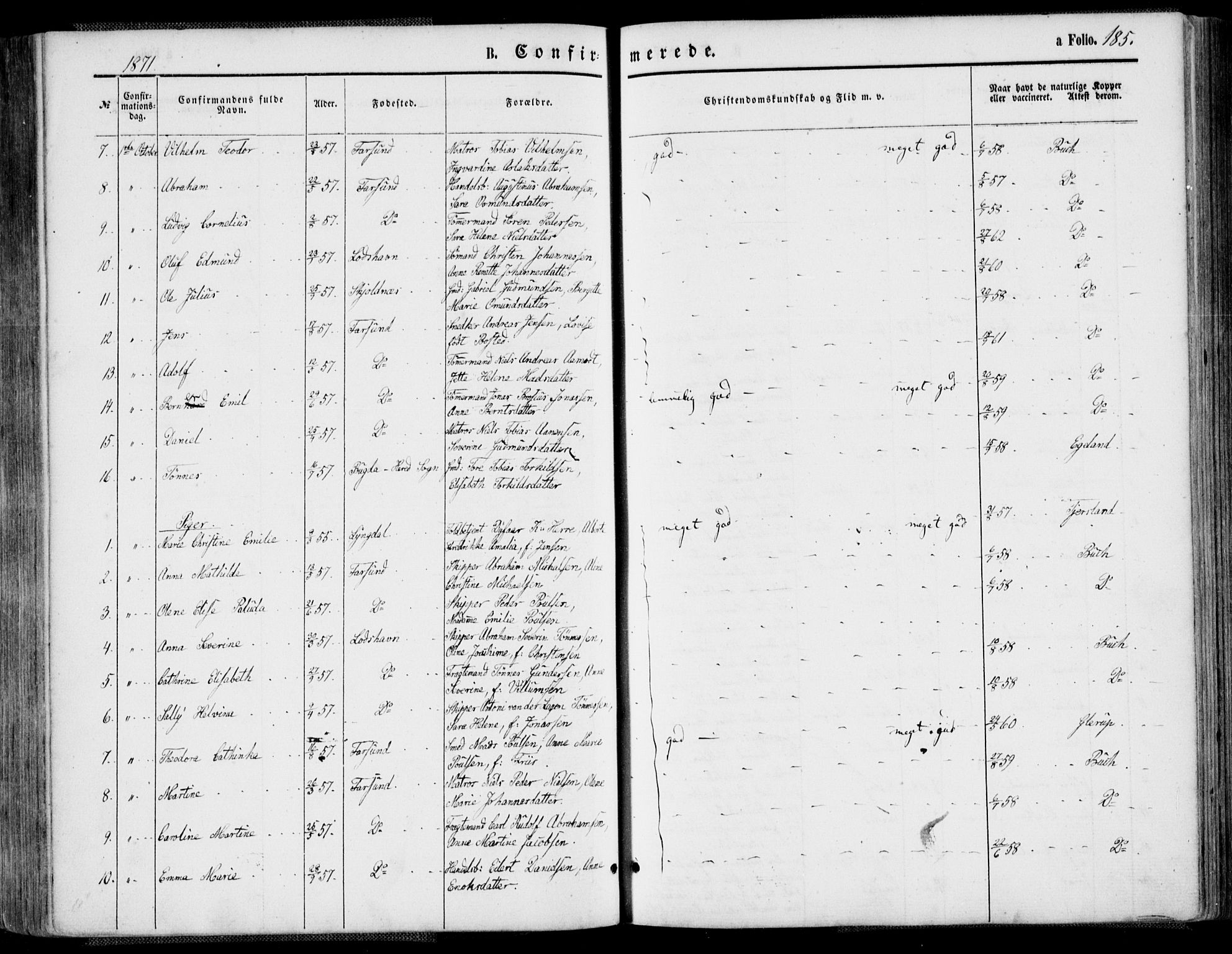 Farsund sokneprestkontor, SAK/1111-0009/F/Fa/L0005: Parish register (official) no. A 5, 1863-1886, p. 185