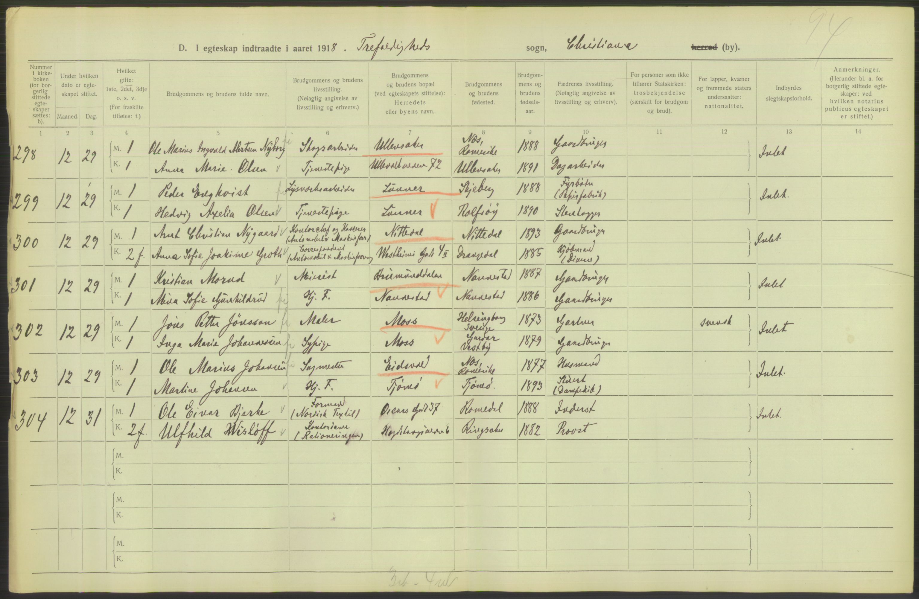 Statistisk sentralbyrå, Sosiodemografiske emner, Befolkning, RA/S-2228/D/Df/Dfb/Dfbh/L0009: Kristiania: Gifte, 1918, p. 298