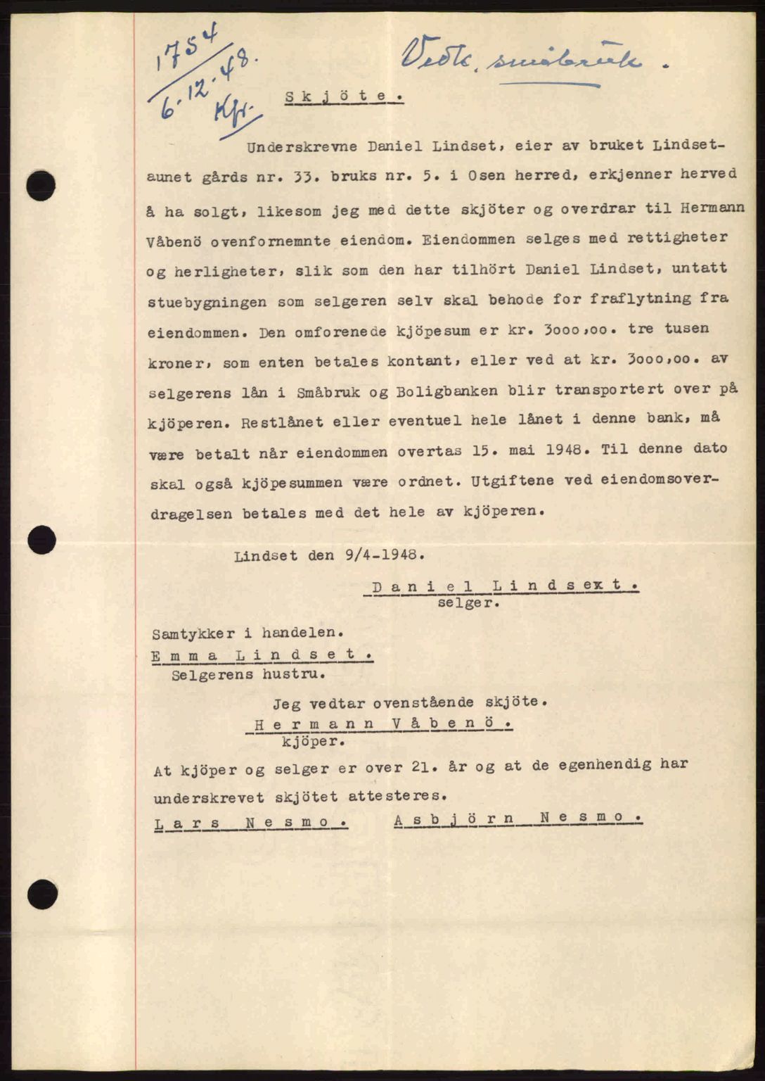 Fosen sorenskriveri, AV/SAT-A-1107/1/2/2C: Mortgage book no. A8, 1948-1948, Diary no: : 1754/1948