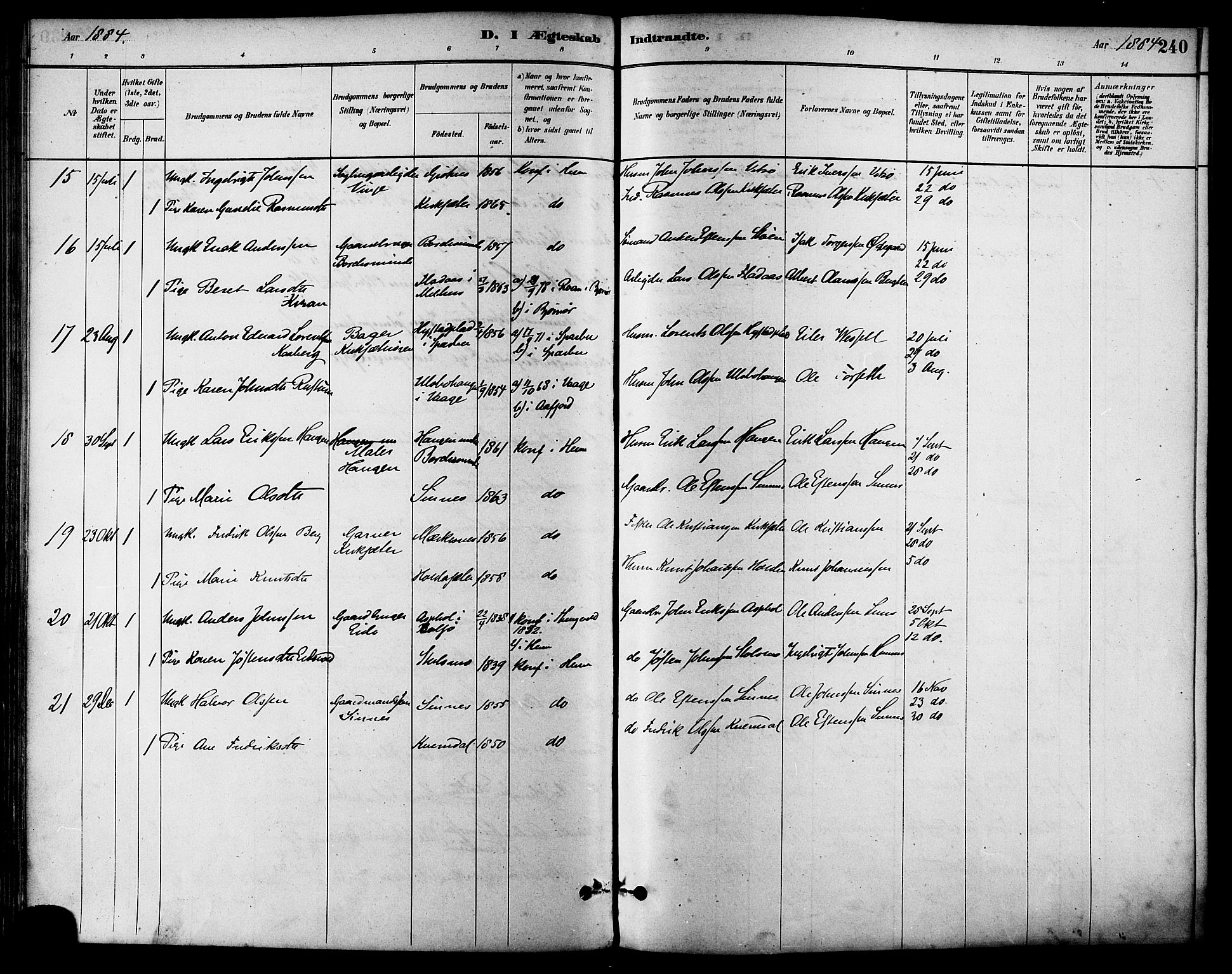 Ministerialprotokoller, klokkerbøker og fødselsregistre - Sør-Trøndelag, AV/SAT-A-1456/630/L0496: Parish register (official) no. 630A09, 1879-1895, p. 240