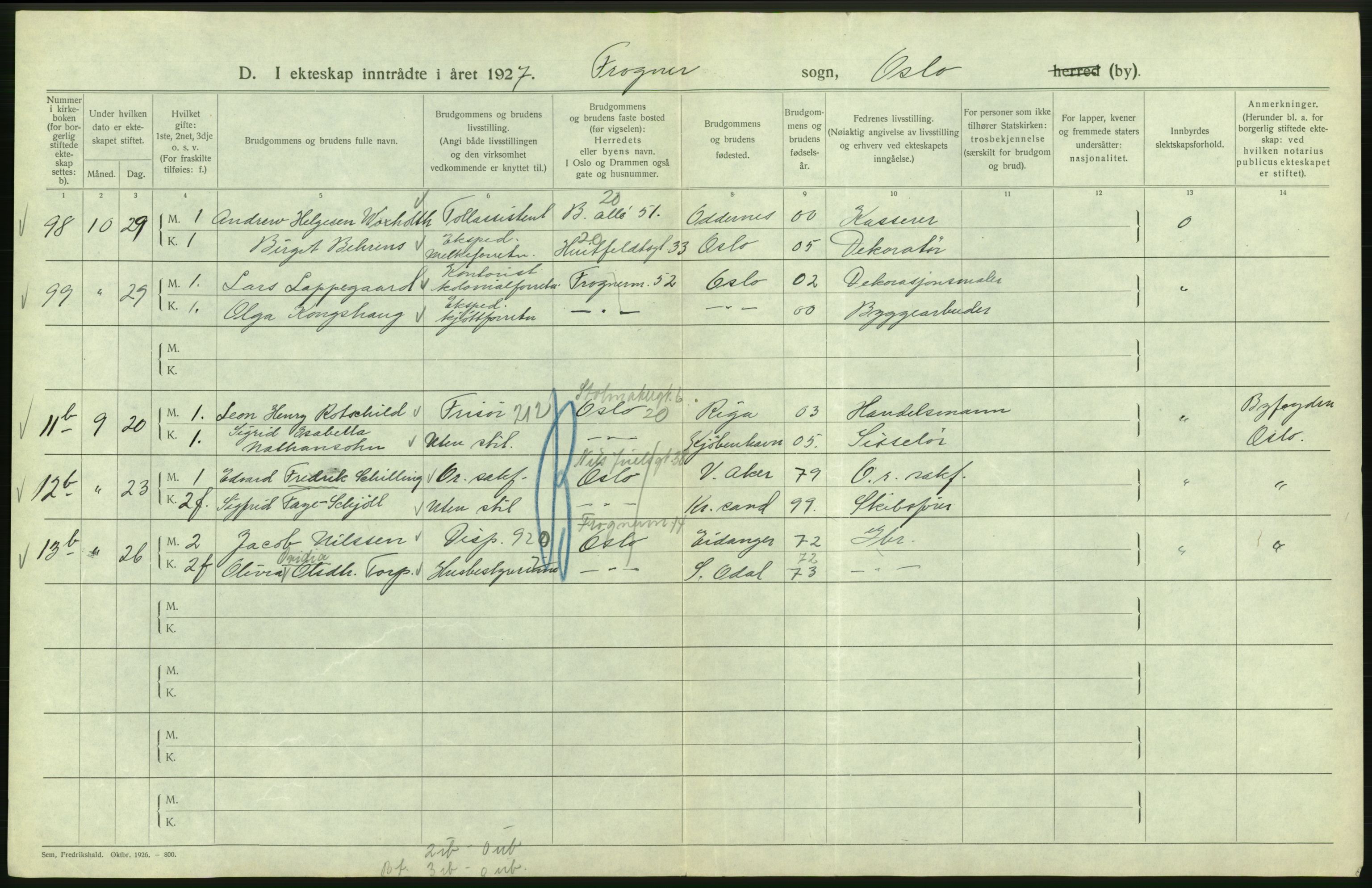 Statistisk sentralbyrå, Sosiodemografiske emner, Befolkning, AV/RA-S-2228/D/Df/Dfc/Dfcg/L0008: Oslo: Gifte, 1927, p. 190