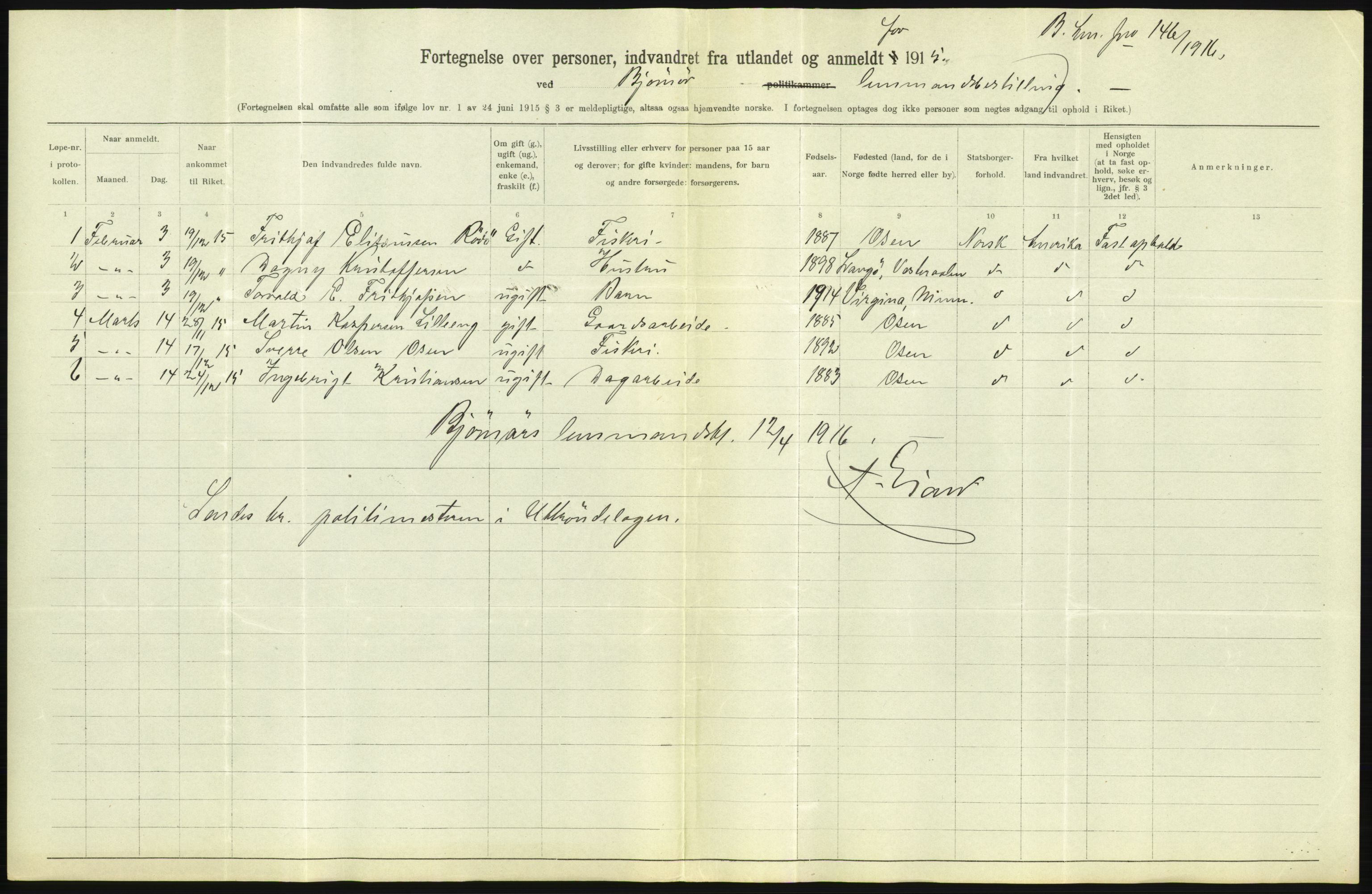 Statistisk sentralbyrå, Sosioøkonomiske emner, Folketellinger, boliger og boforhold, AV/RA-S-2231/F/Fa/L0001: Innvandring. Navn/fylkesvis, 1915, p. 498