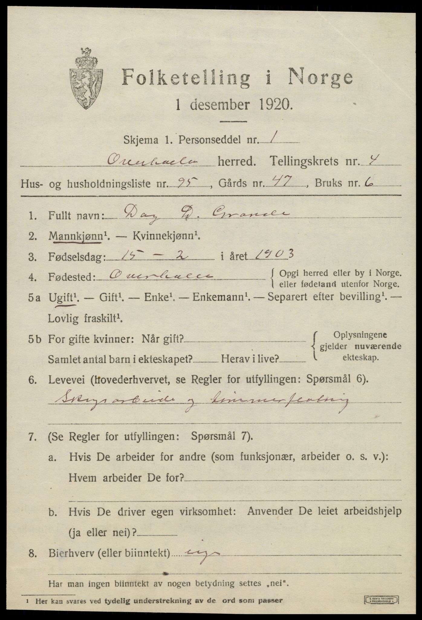 SAT, 1920 census for Overhalla, 1920, p. 3704