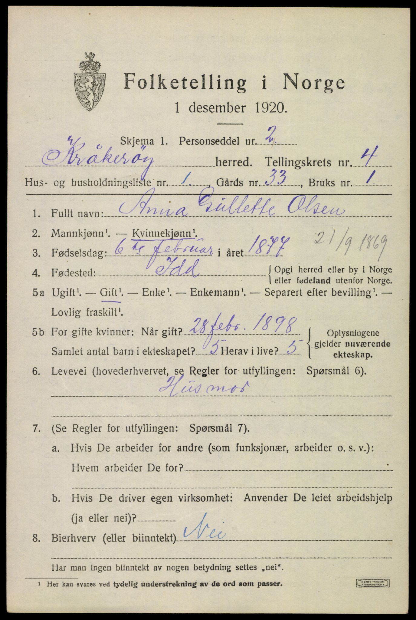 SAO, 1920 census for Kråkerøy, 1920, p. 5346