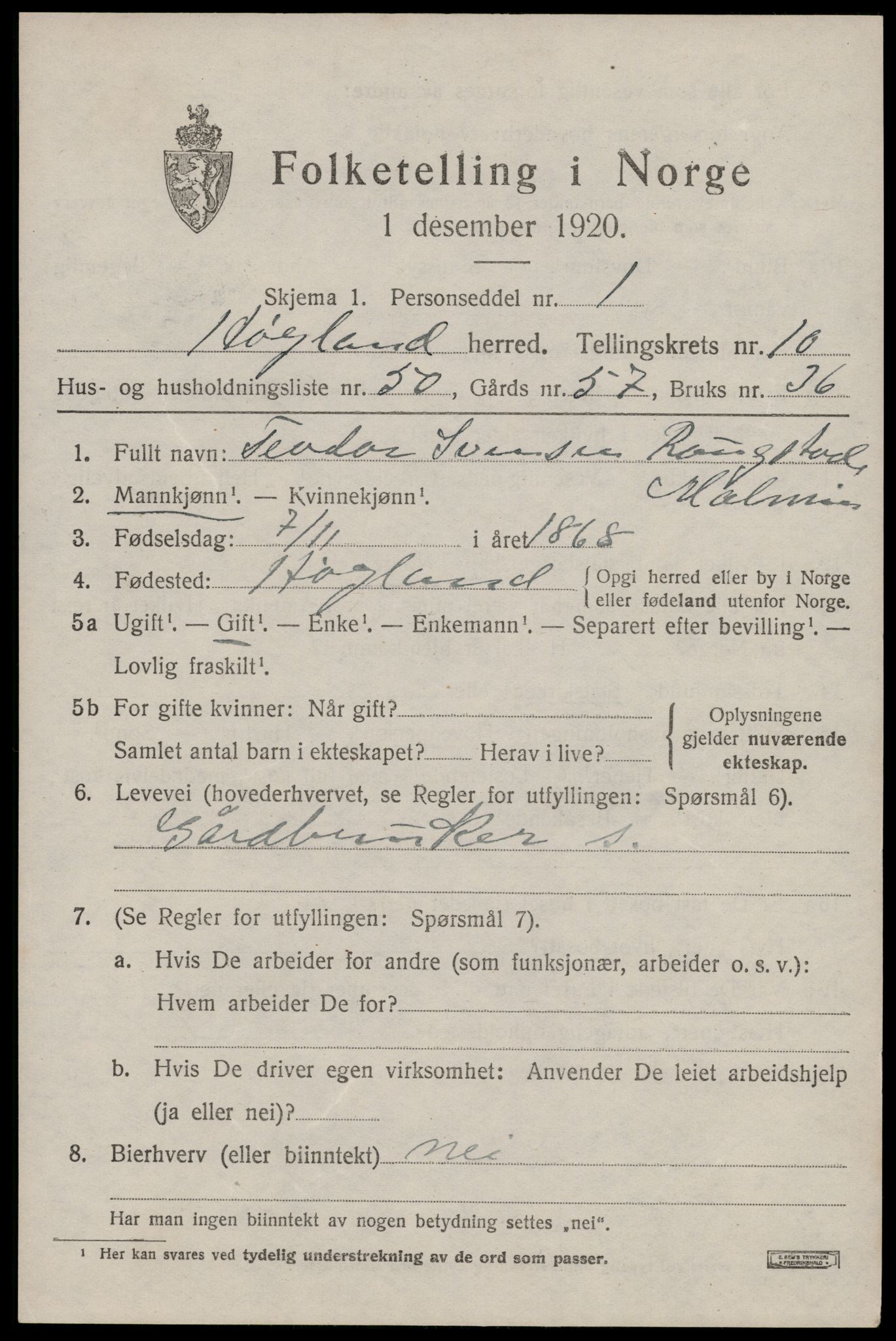 SAST, 1920 census for Høyland, 1920, p. 7808