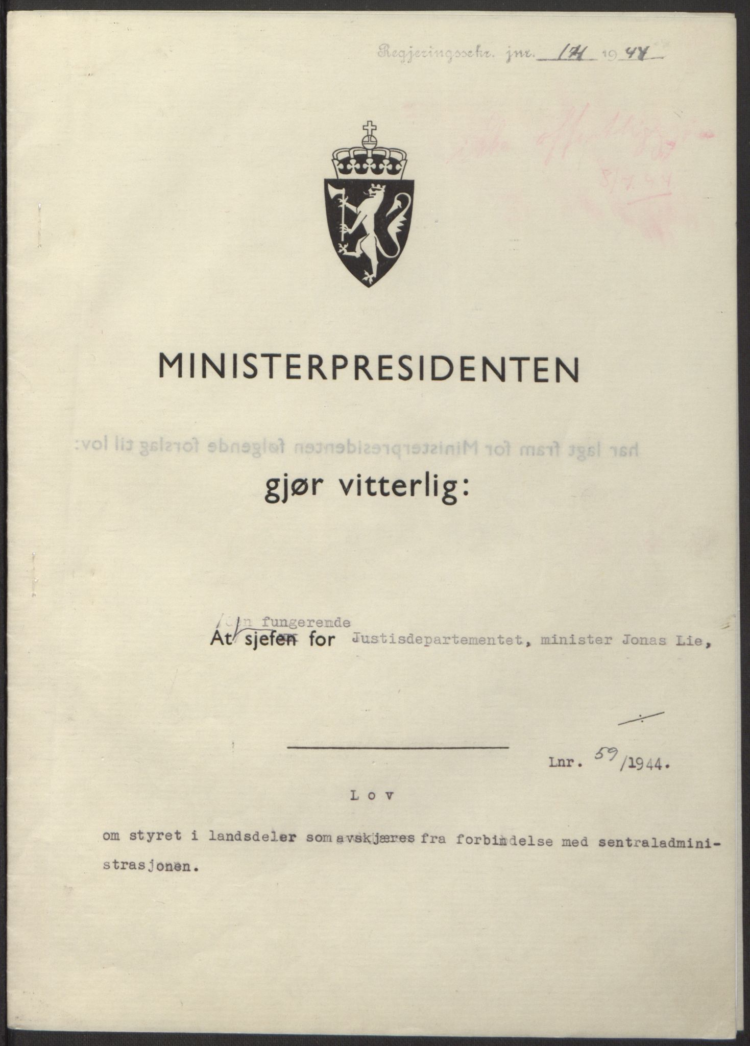 NS-administrasjonen 1940-1945 (Statsrådsekretariatet, de kommisariske statsråder mm), RA/S-4279/D/Db/L0100: Lover, 1944, p. 276