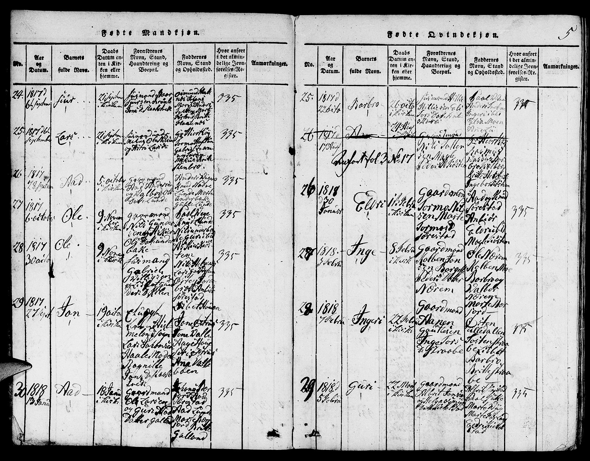 Suldal sokneprestkontor, AV/SAST-A-101845/01/V/L0001: Parish register (copy) no. B 1, 1816-1836, p. 5