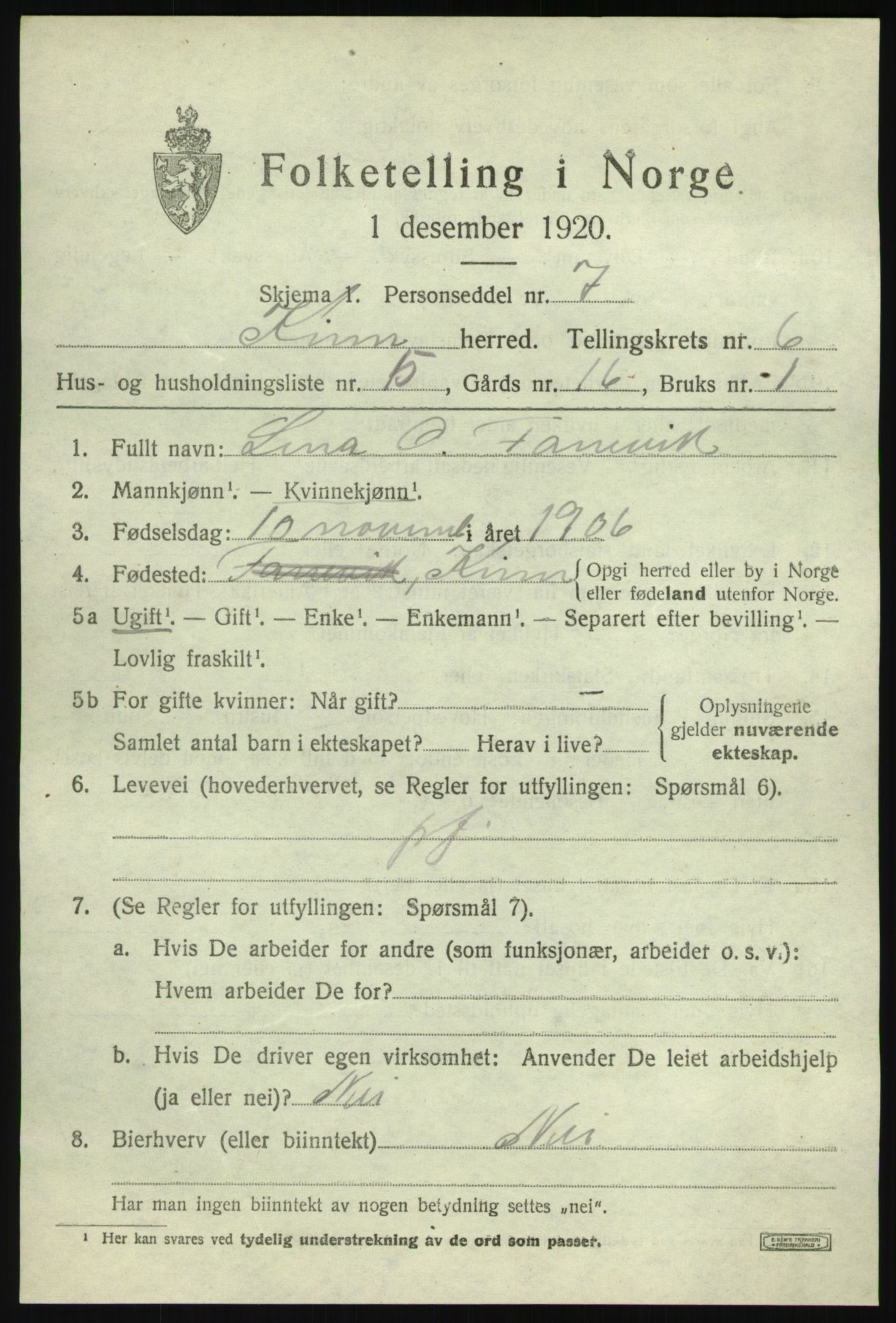 SAB, 1920 census for Kinn, 1920, p. 2811