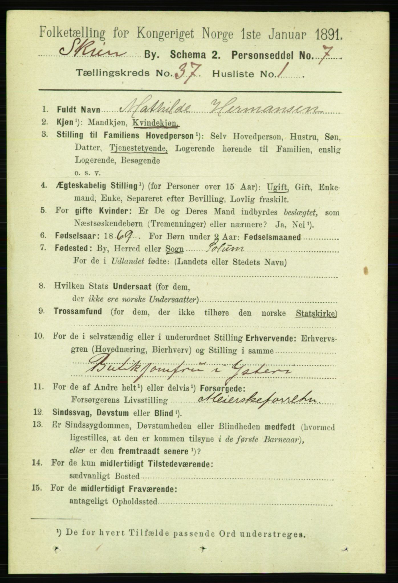 RA, 1891 census for 0806 Skien, 1891, p. 8072