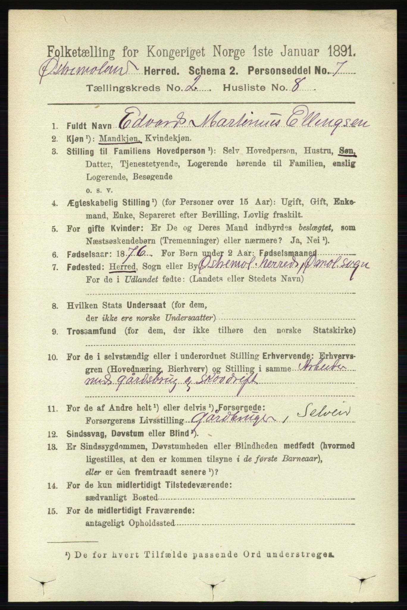RA, 1891 census for 0918 Austre Moland, 1891, p. 734