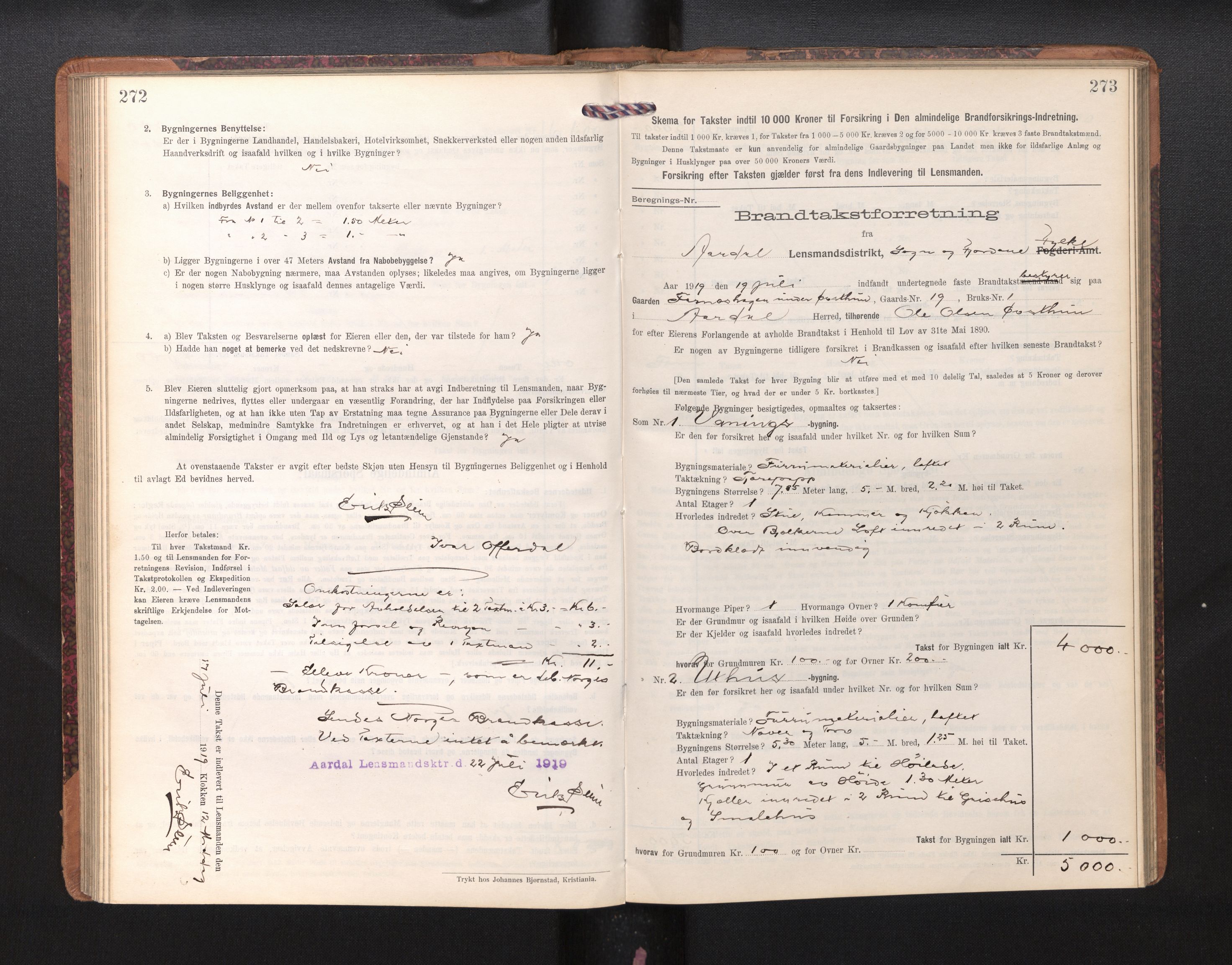 Lensmannen i Årdal, AV/SAB-A-30501/0012/L0009: Branntakstprotokoll, skjematakst, 1914-1926, p. 272-273
