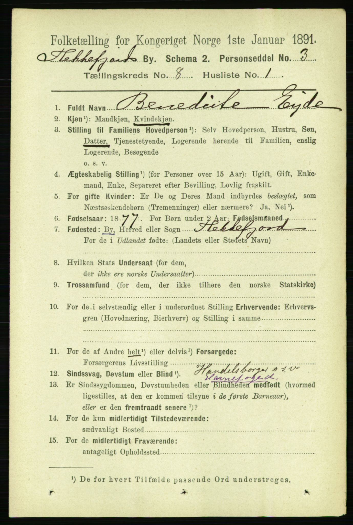 RA, 1891 census for 1004 Flekkefjord, 1891, p. 1365