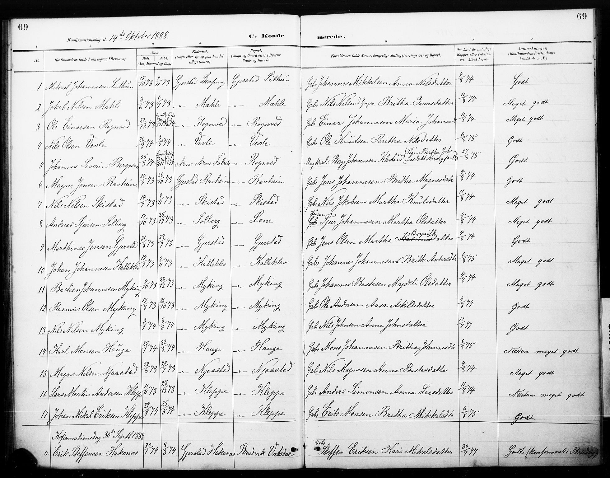 Haus sokneprestembete, AV/SAB-A-75601/H/Haa: Parish register (official) no. C 1, 1887-1899, p. 69