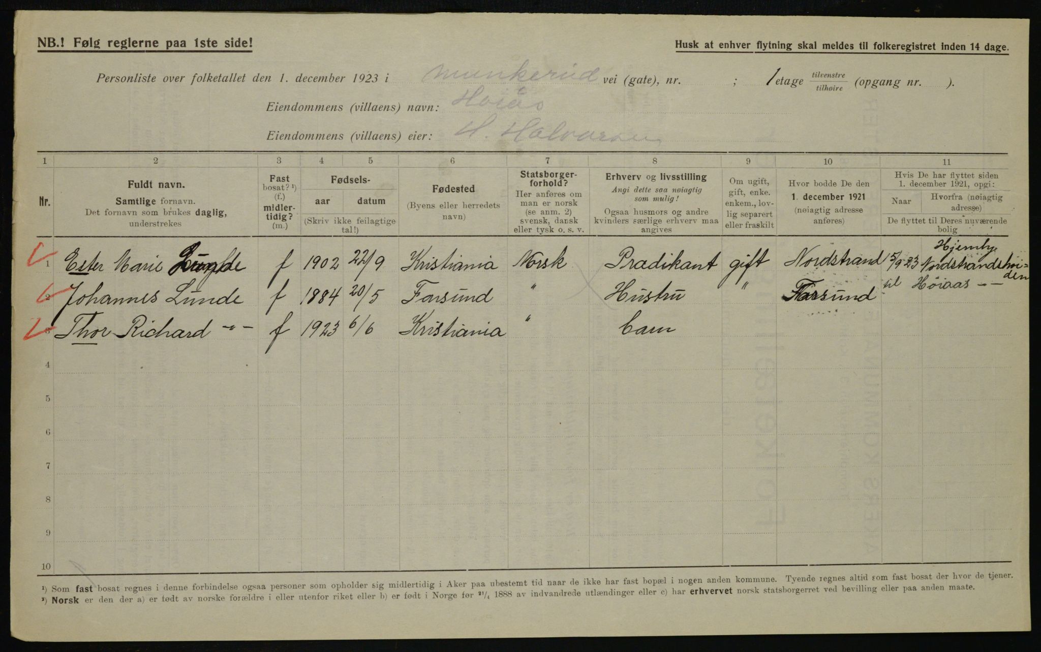 , Municipal Census 1923 for Aker, 1923, p. 42450