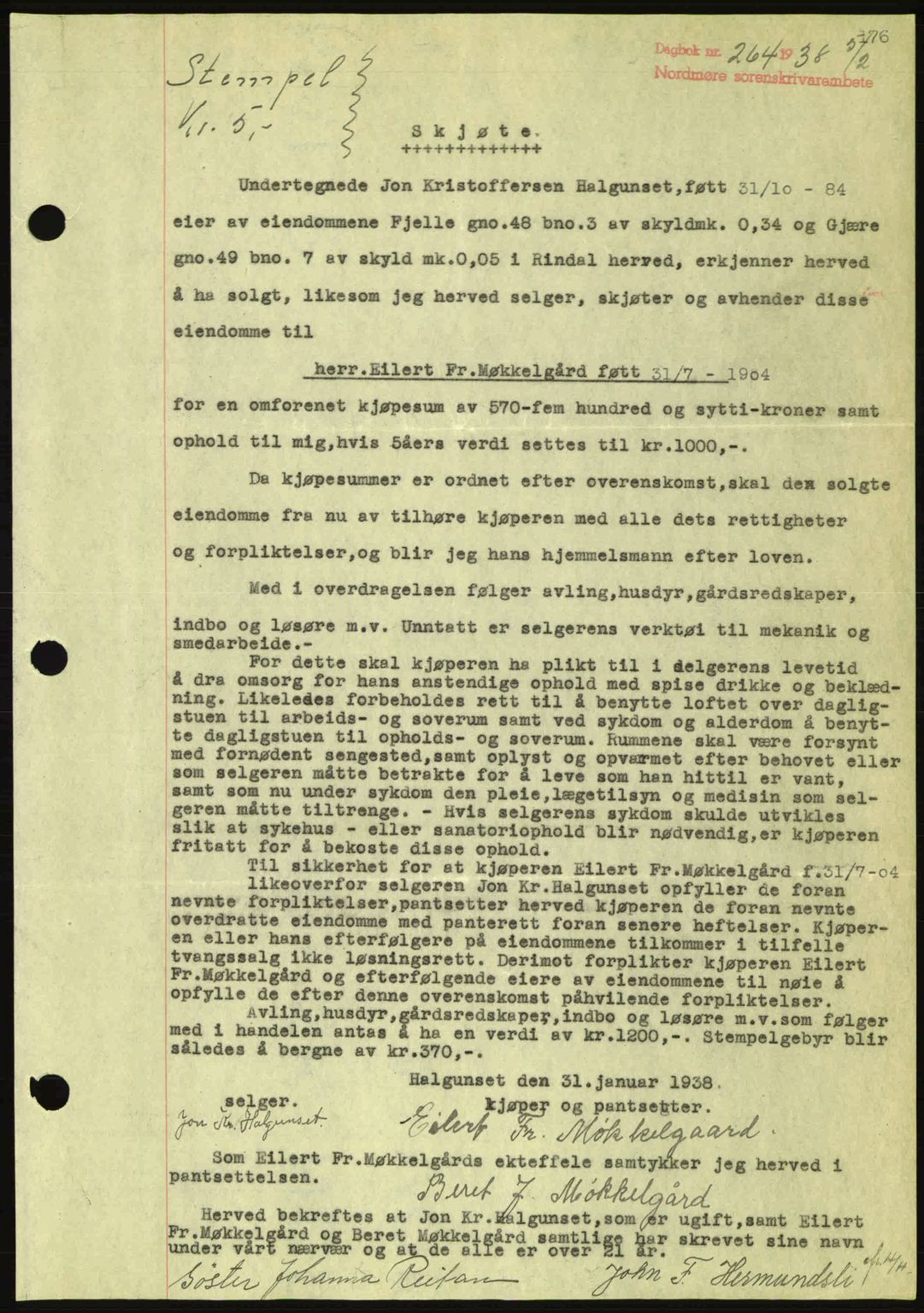 Nordmøre sorenskriveri, AV/SAT-A-4132/1/2/2Ca: Mortgage book no. A83, 1938-1938, Diary no: : 264/1938