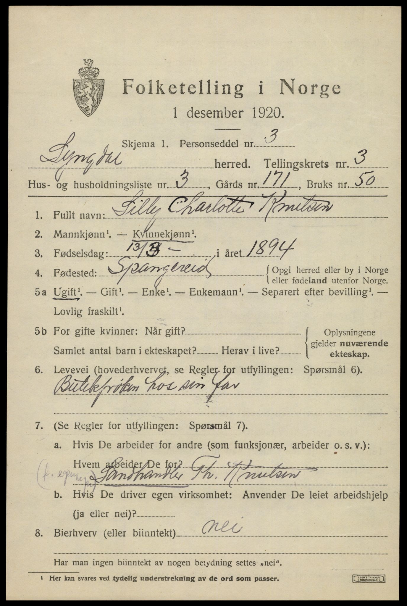 SAK, 1920 census for Lyngdal, 1920, p. 1941