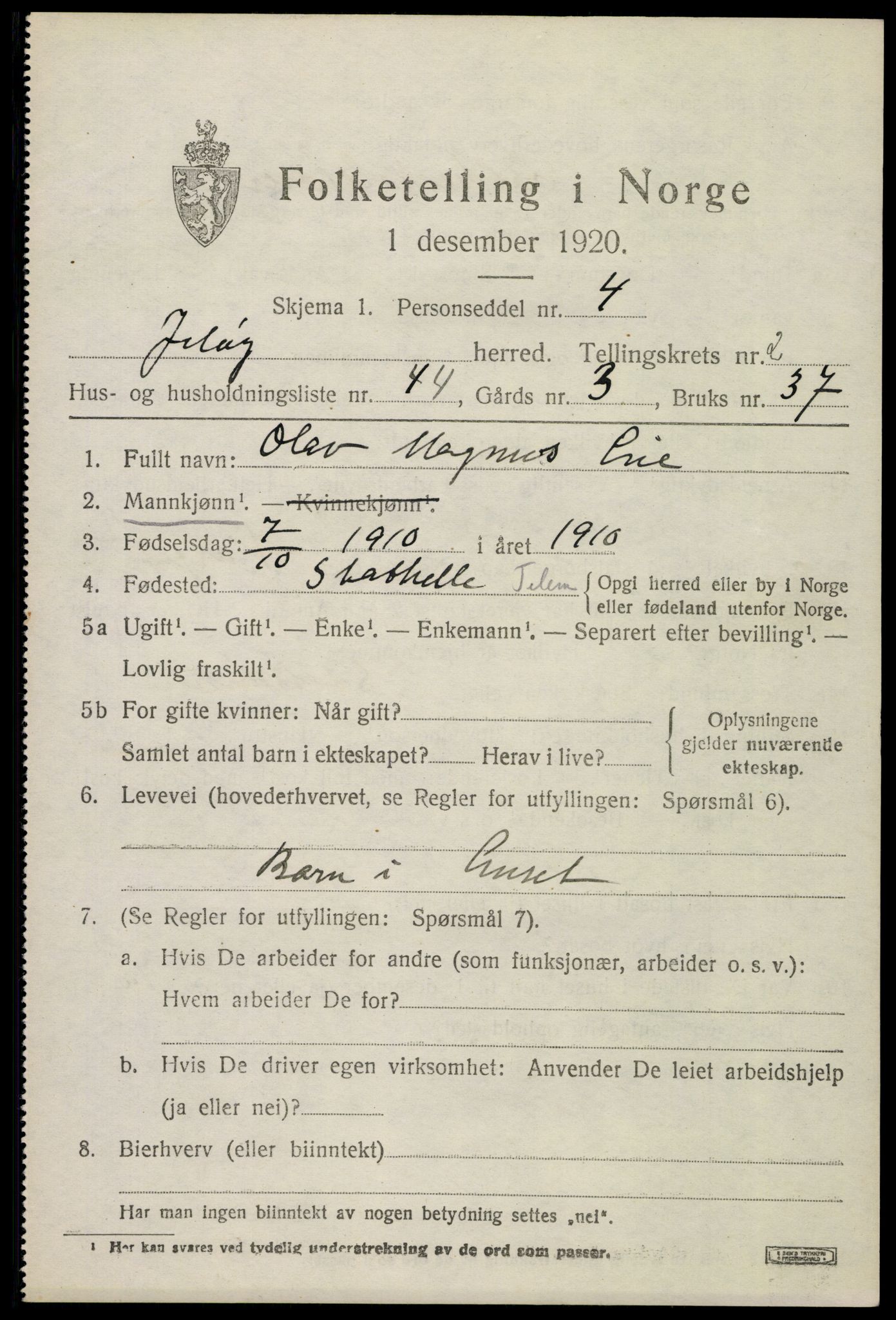 SAO, 1920 census for Moss land district, 1920, p. 2687