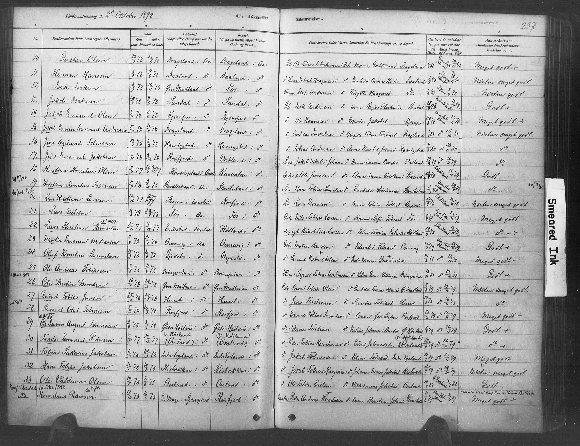 Lyngdal sokneprestkontor, AV/SAK-1111-0029/F/Fa/Fac/L0011: Parish register (official) no. A 11, 1878-1893, p. 237