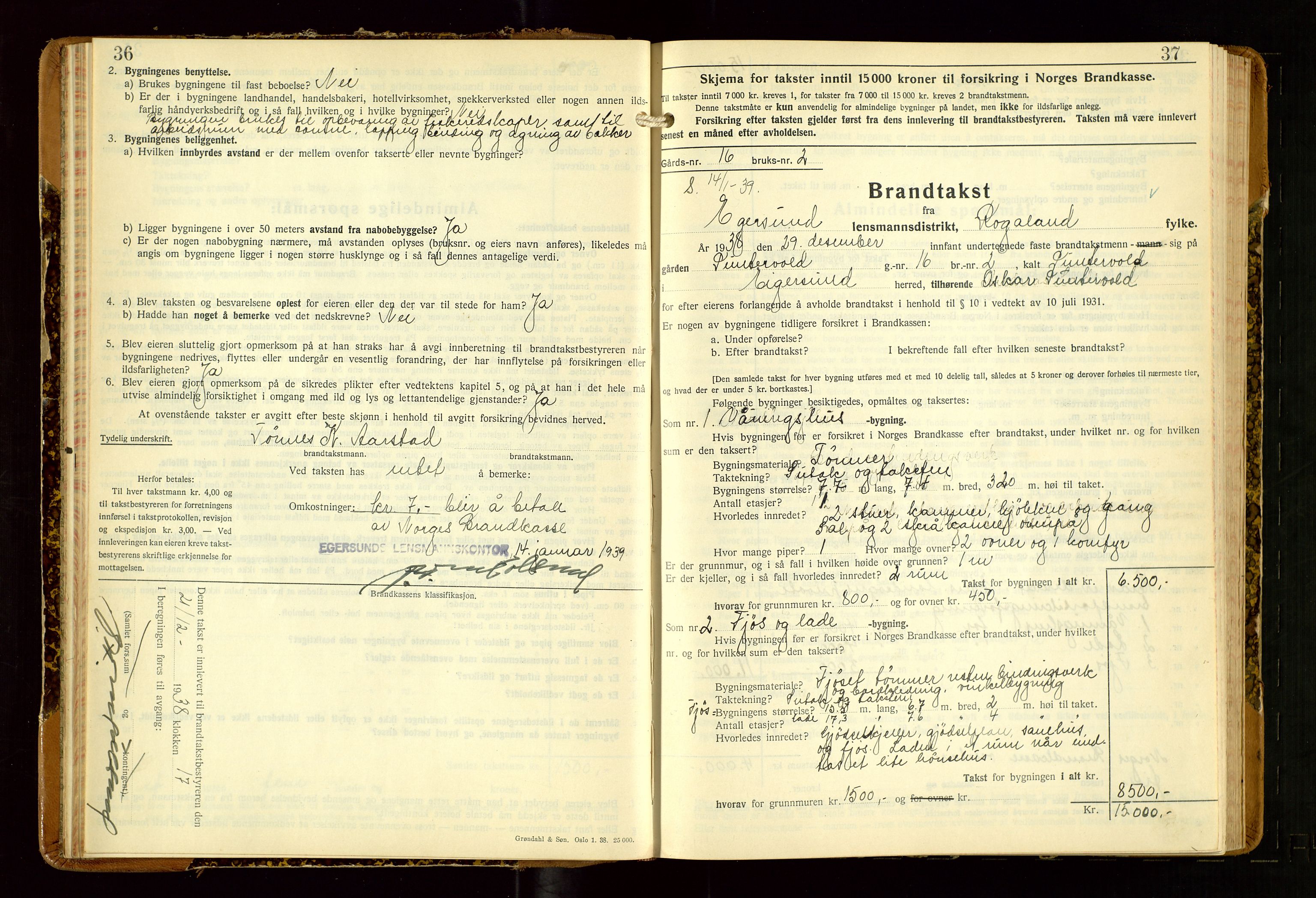 Eigersund lensmannskontor, SAST/A-100171/Gob/L0007: "Brandtakstprotokoll", 1938-1955, p. 36-37