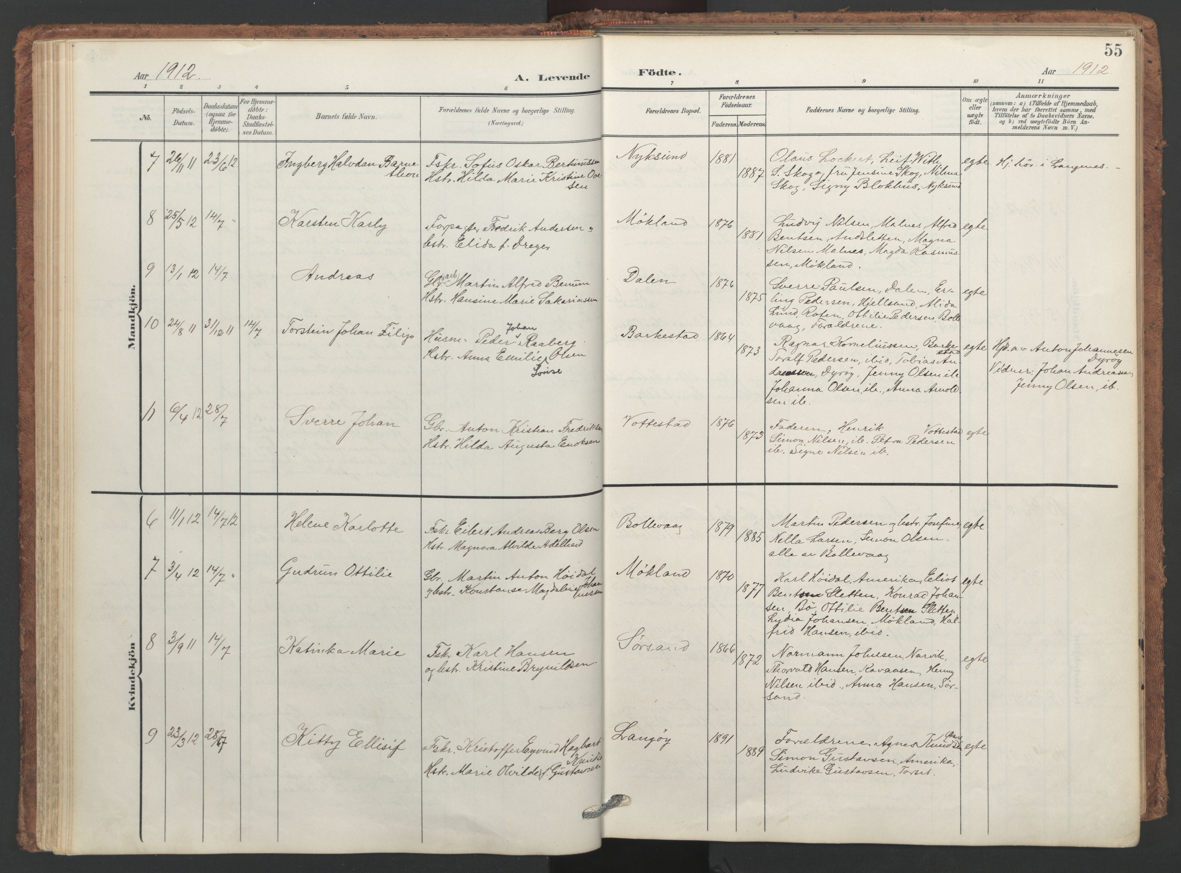 Ministerialprotokoller, klokkerbøker og fødselsregistre - Nordland, SAT/A-1459/893/L1339: Parish register (official) no. 893A11, 1904-1914, p. 55