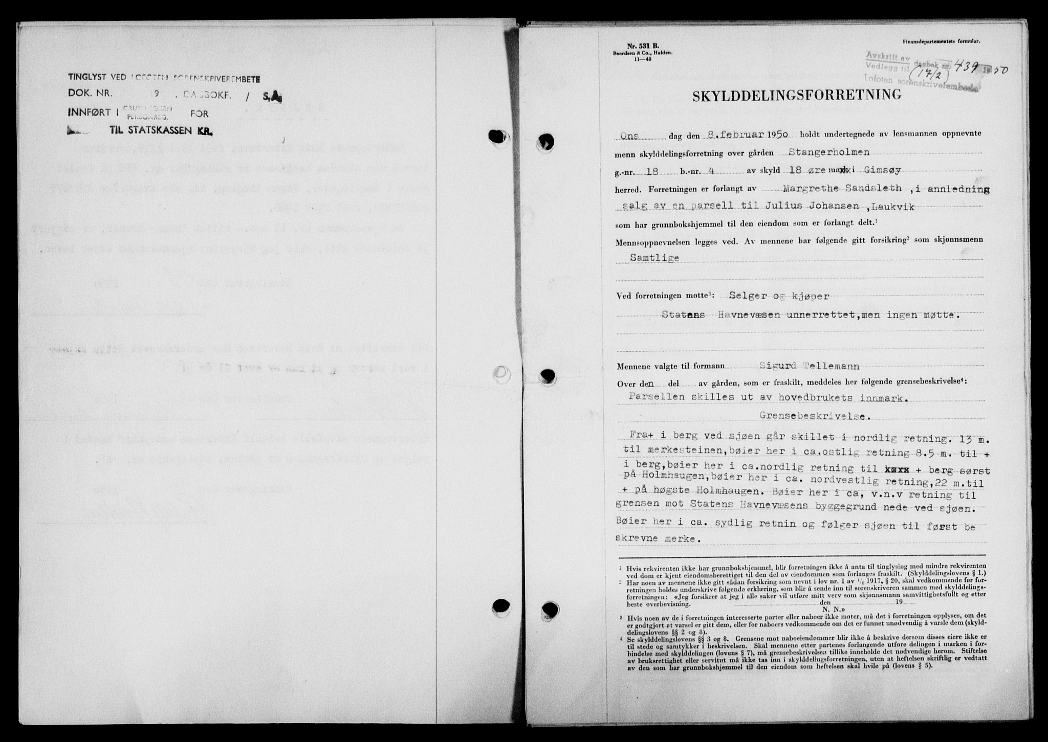 Lofoten sorenskriveri, SAT/A-0017/1/2/2C/L0023a: Mortgage book no. 23a, 1950-1950, Diary no: : 439/1950