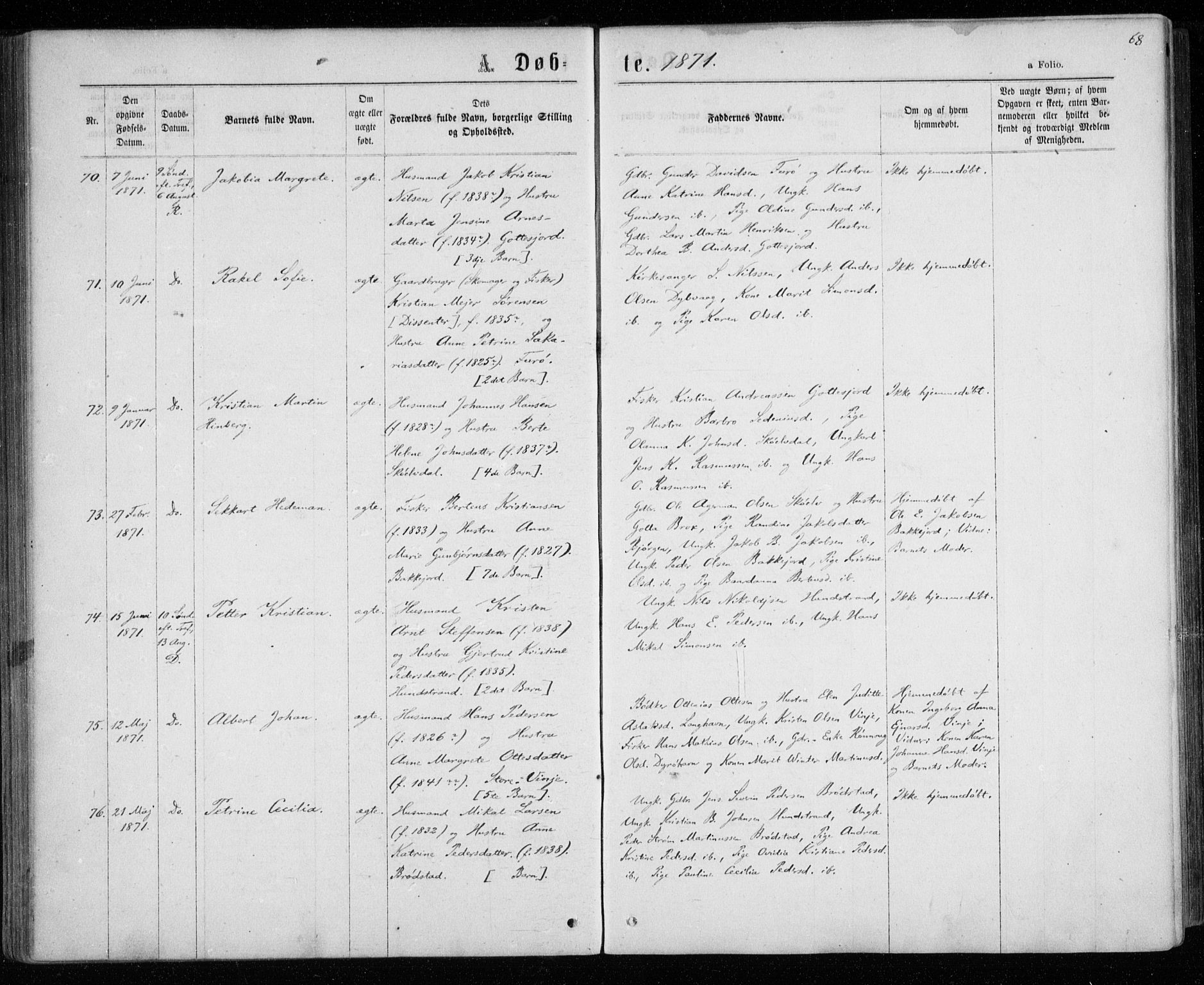 Tranøy sokneprestkontor, AV/SATØ-S-1313/I/Ia/Iaa/L0008kirke: Parish register (official) no. 8, 1867-1877, p. 68