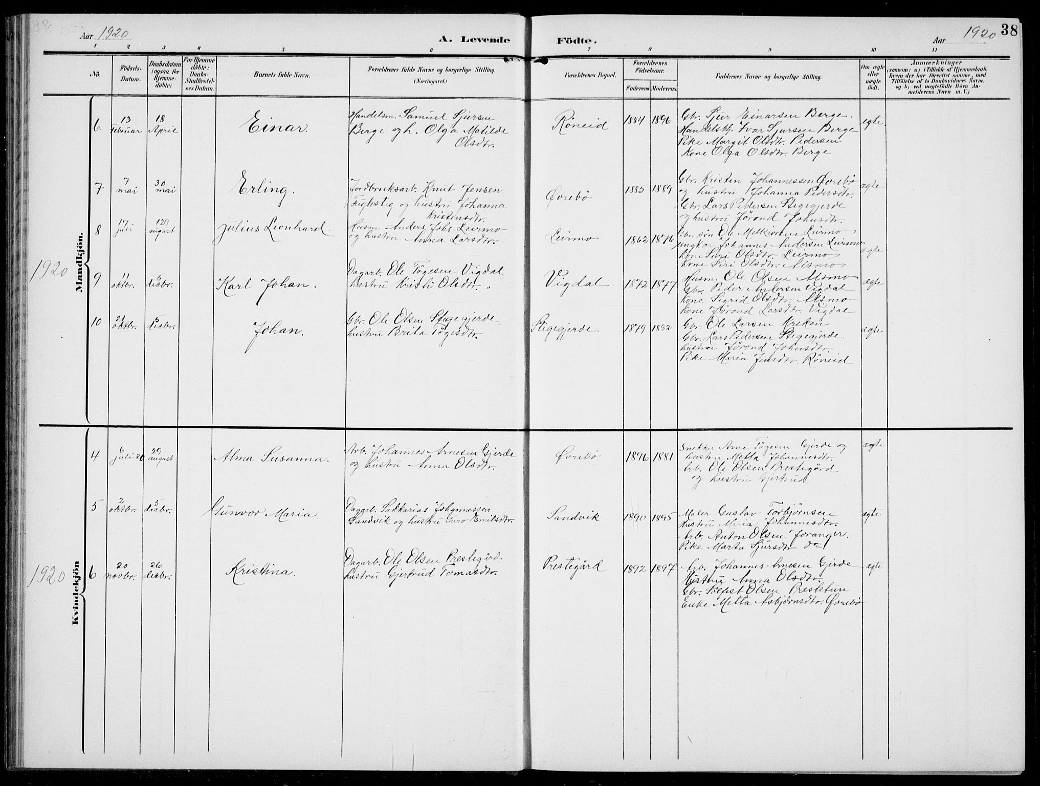Jostedal sokneprestembete, AV/SAB-A-80601/H/Hab/Habc/L0001: Parish register (copy) no. C 1, 1903-1939, p. 38