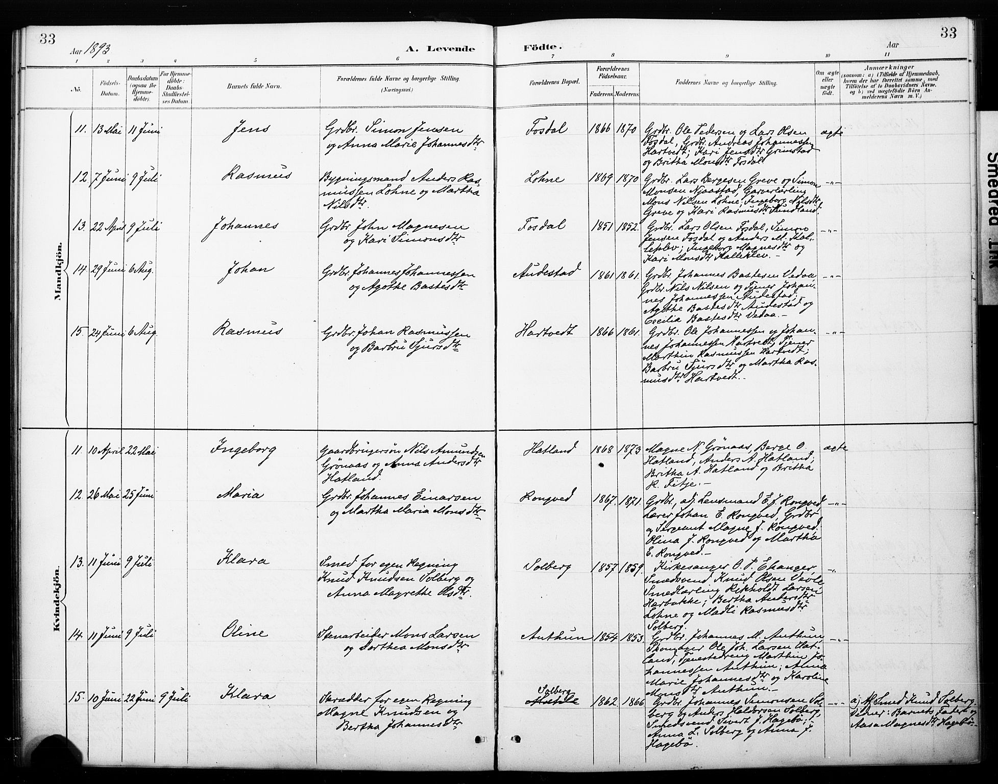 Haus sokneprestembete, AV/SAB-A-75601/H/Haa: Parish register (official) no. C 1, 1887-1899, p. 33