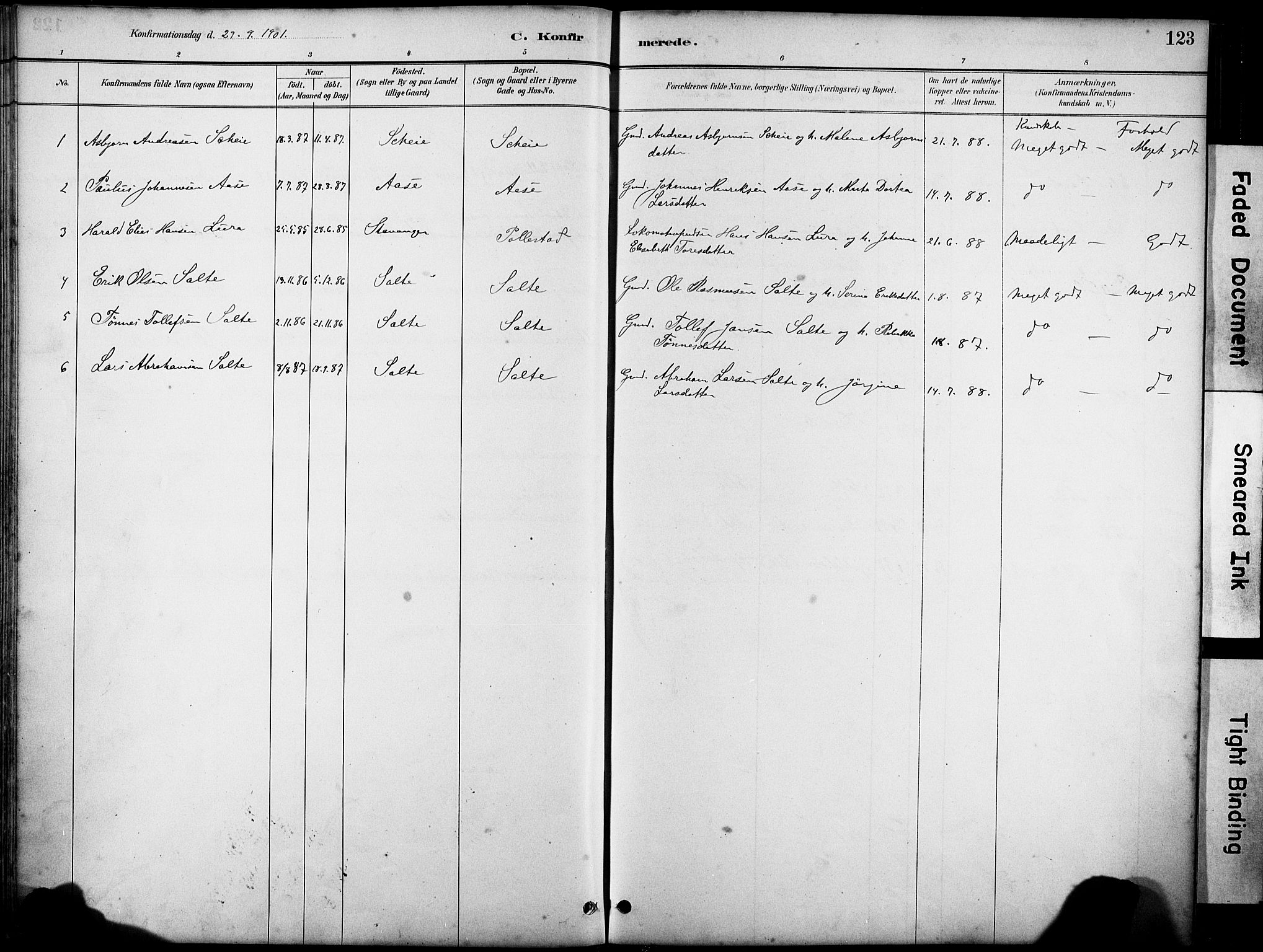 Klepp sokneprestkontor, SAST/A-101803/001/3/30BA/L0007: Parish register (official) no. A 8, 1886-1912, p. 123