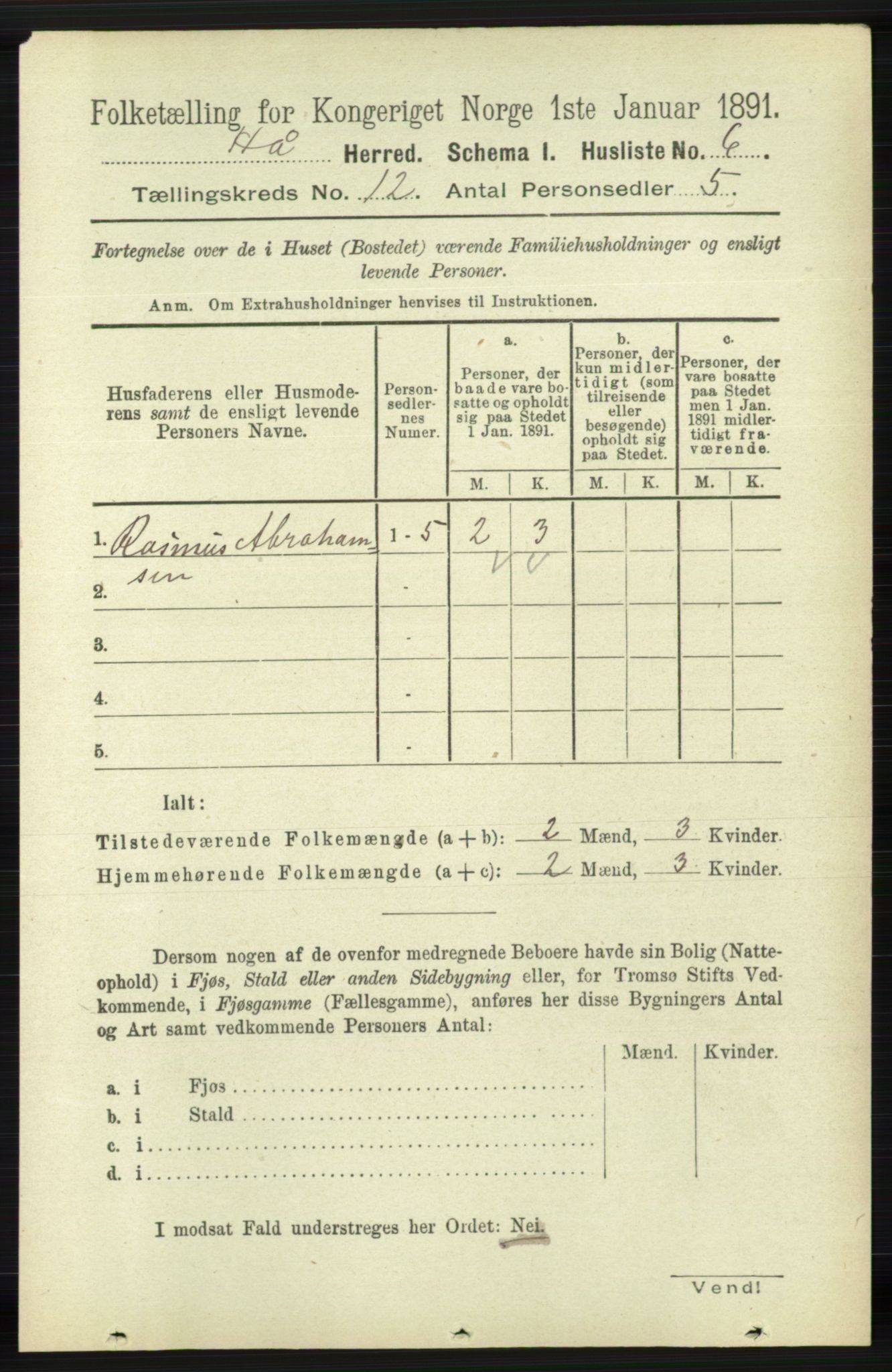 RA, 1891 census for 1119 Hå, 1891, p. 2846