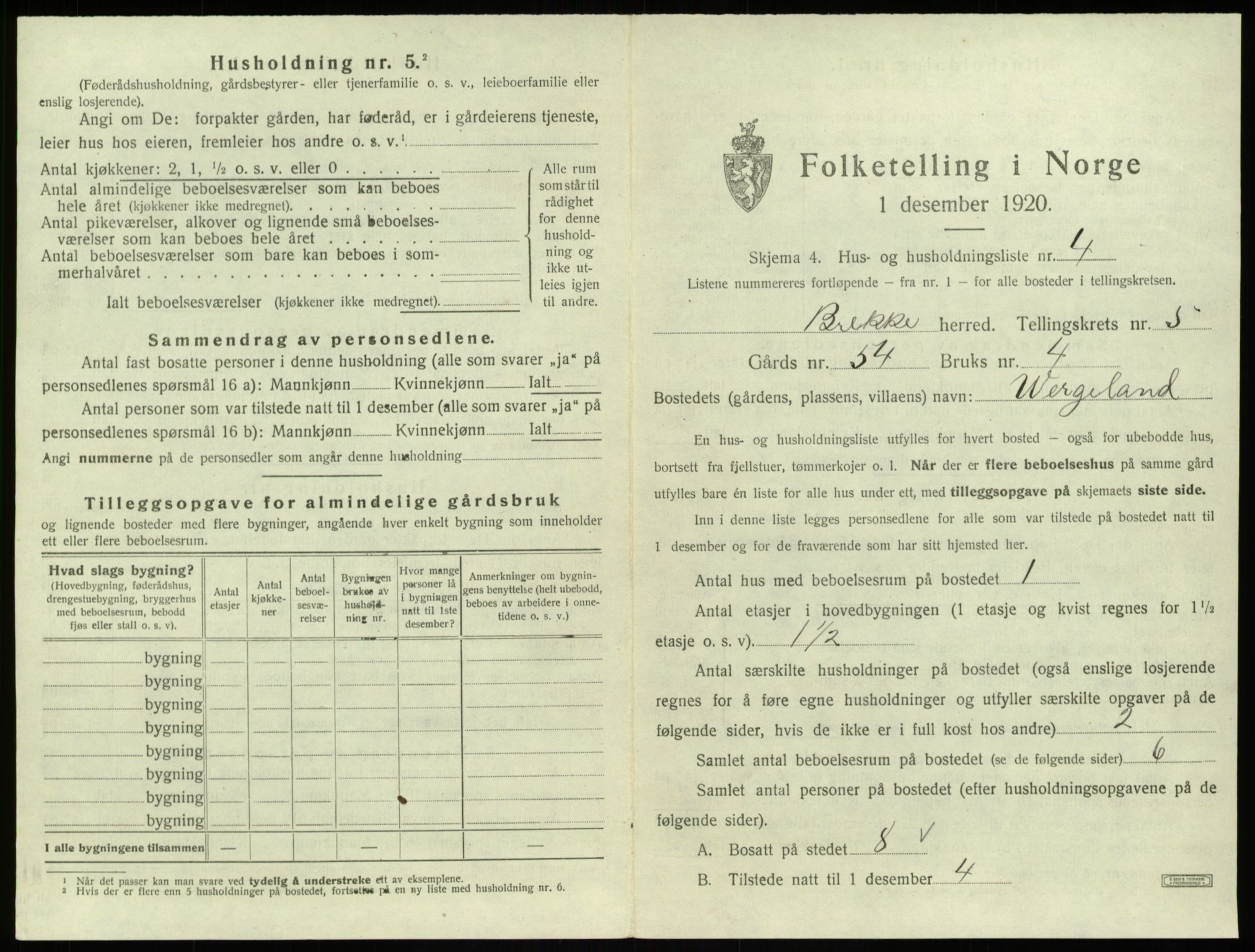 SAB, 1920 census for Brekke, 1920, p. 153