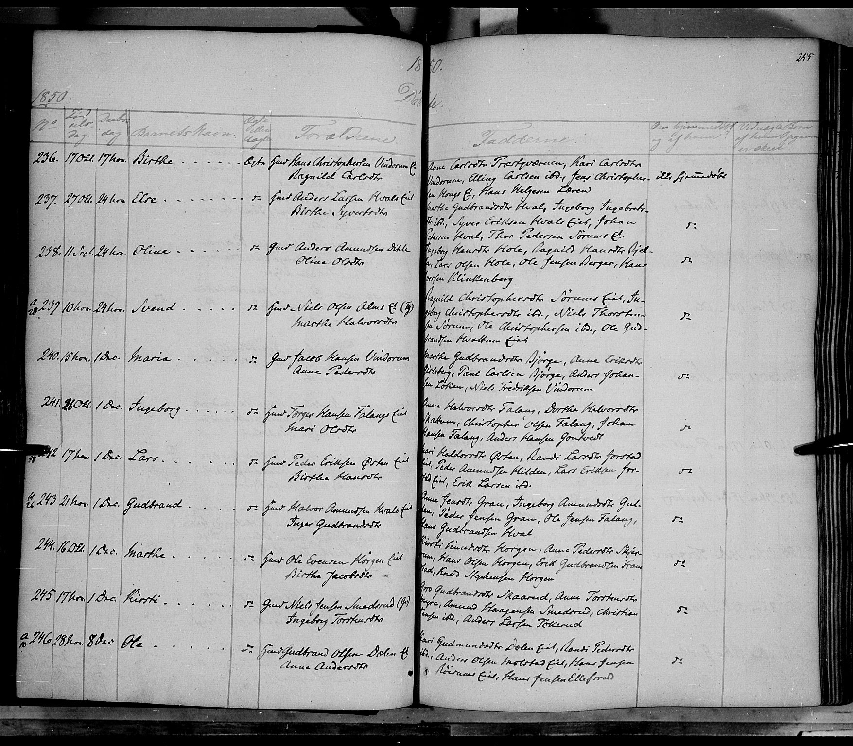Gran prestekontor, SAH/PREST-112/H/Ha/Haa/L0011: Parish register (official) no. 11, 1842-1856, p. 254-255