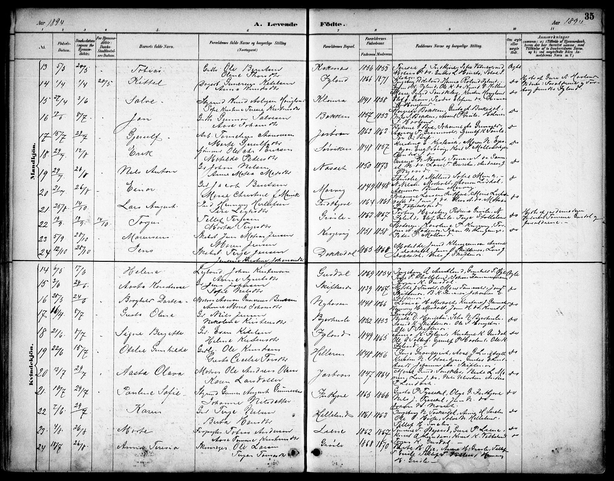 Hommedal sokneprestkontor, AV/SAK-1111-0023/F/Fb/Fbb/L0007: Parish register (copy) no. B 7, 1885-1904, p. 35