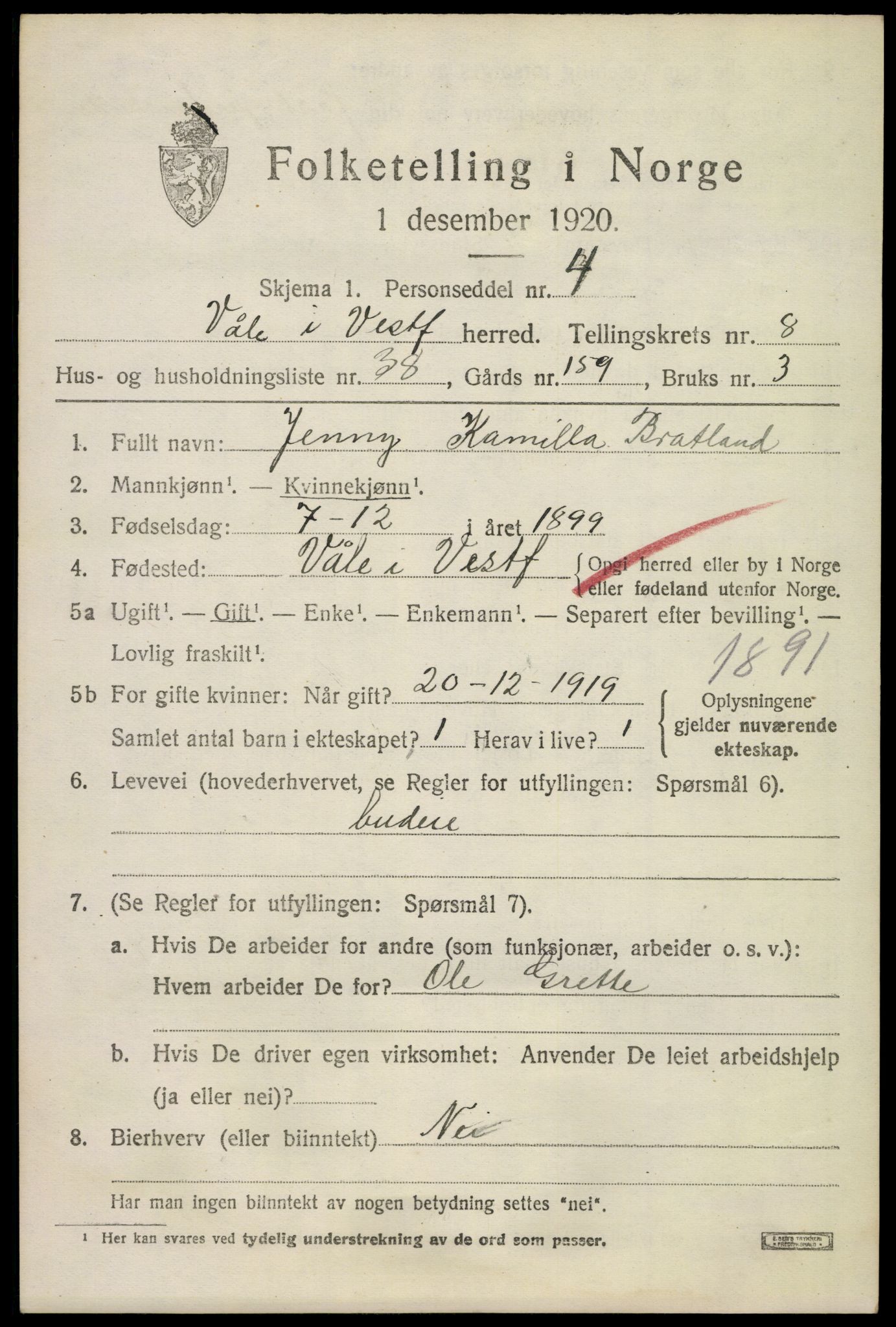 SAKO, 1920 census for Våle, 1920, p. 6574