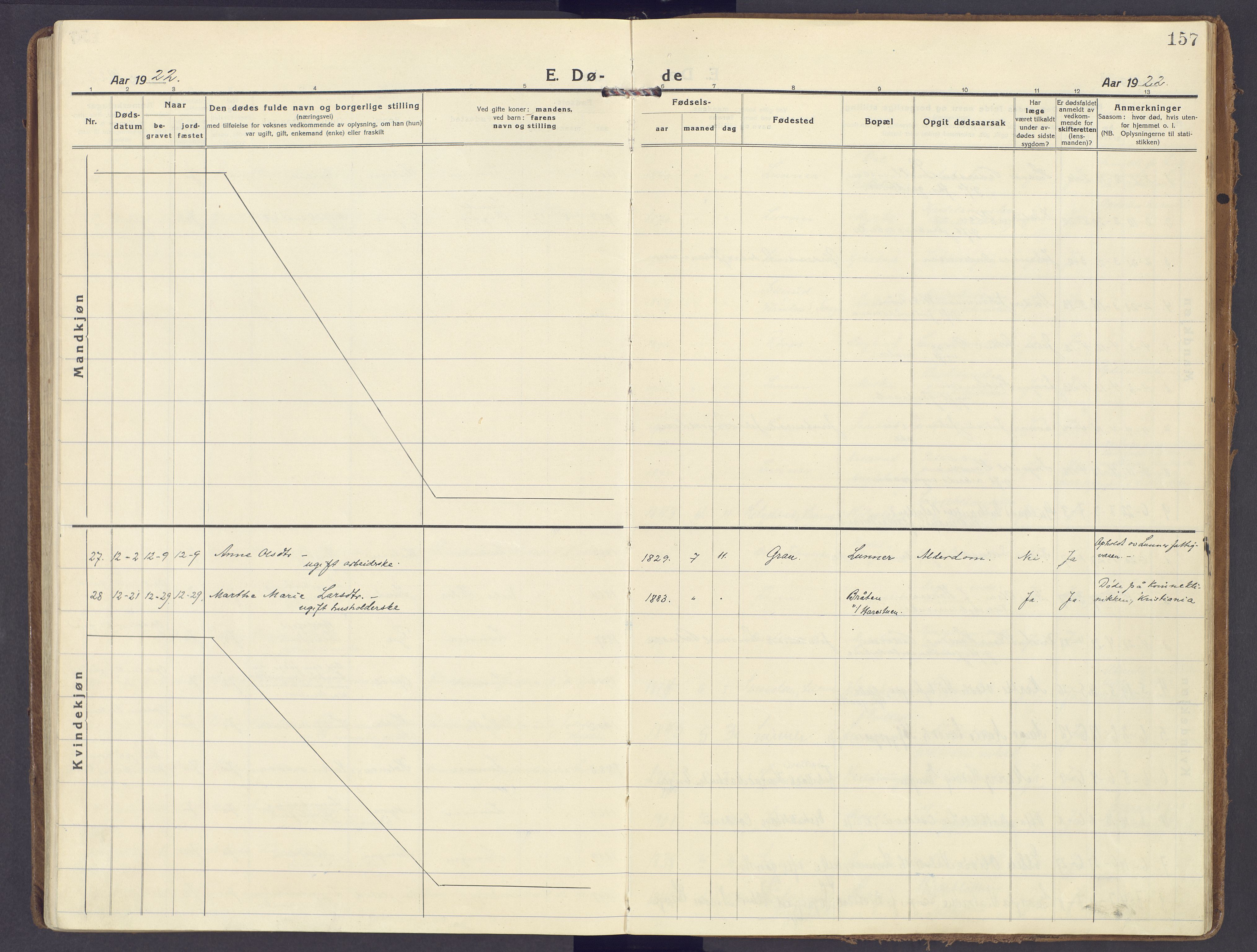Lunner prestekontor, SAH/PREST-118/H/Ha/Haa/L0002: Parish register (official) no. 2, 1922-1931, p. 157
