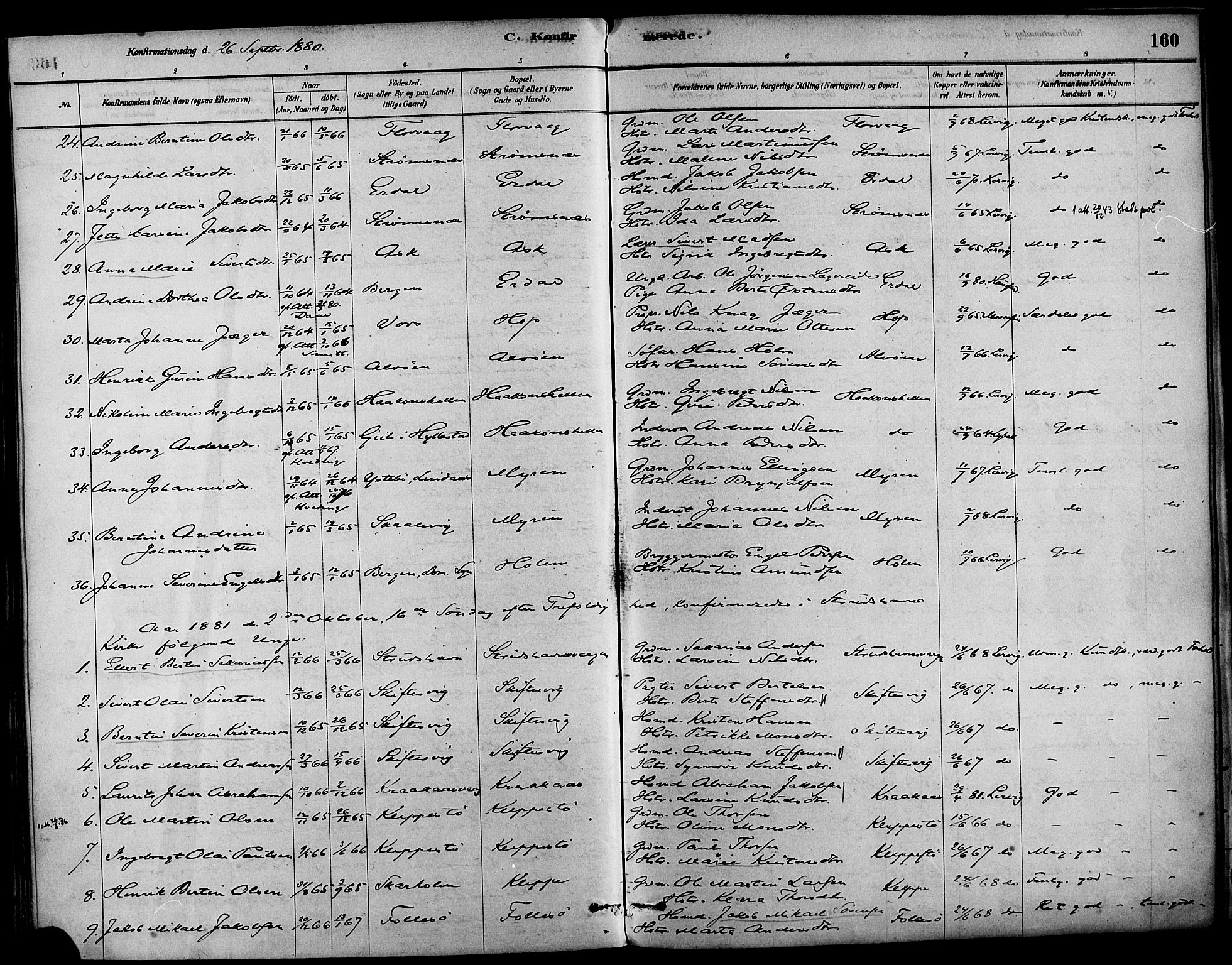 Askøy Sokneprestembete, SAB/A-74101/H/Ha/Haa/Haab/L0001: Parish register (official) no. B 1, 1878-1889, p. 160